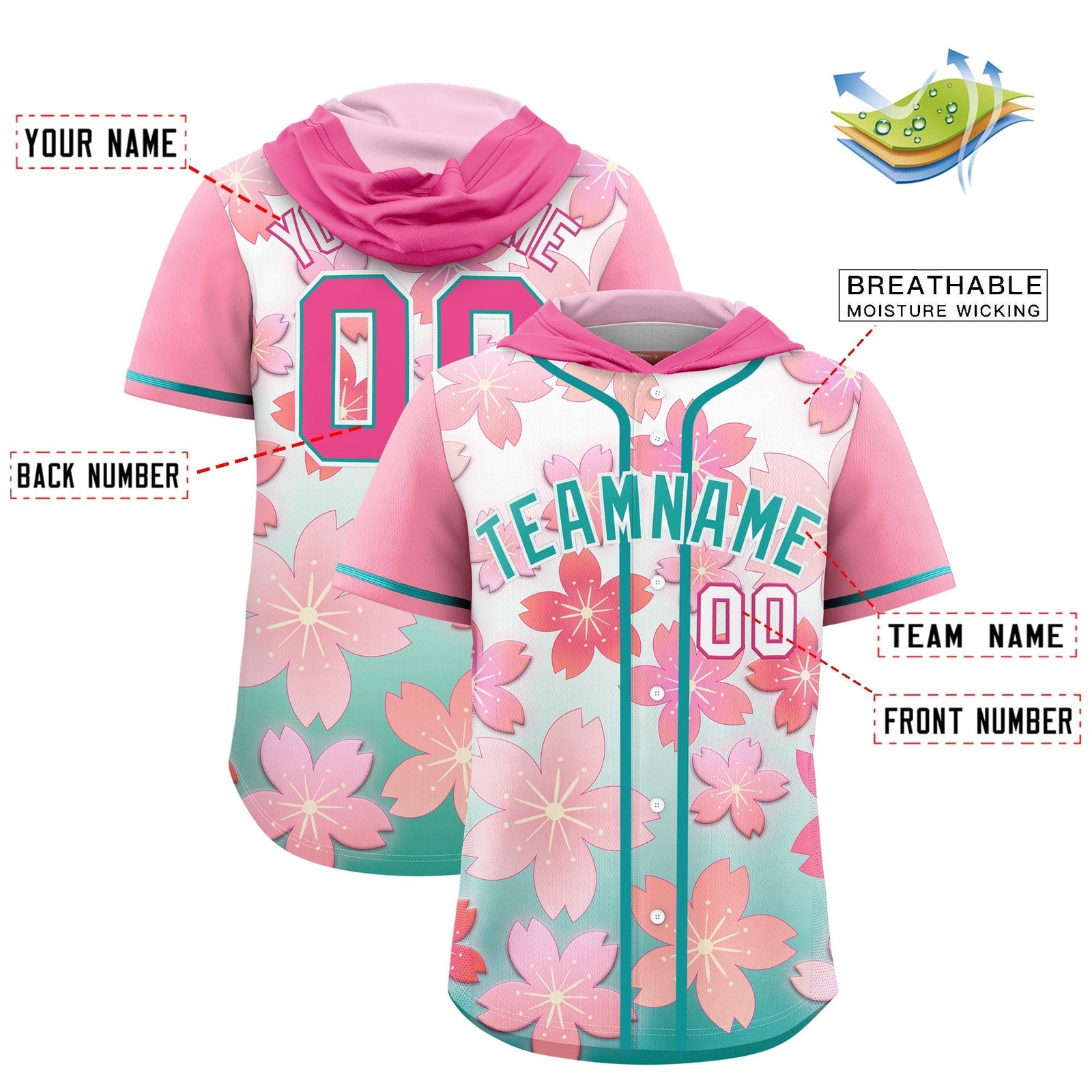 Custom Hooded Baseball Jersey | Pink Aqua Cherry Blossom Moisture-Wicking Jersey for Men & Women