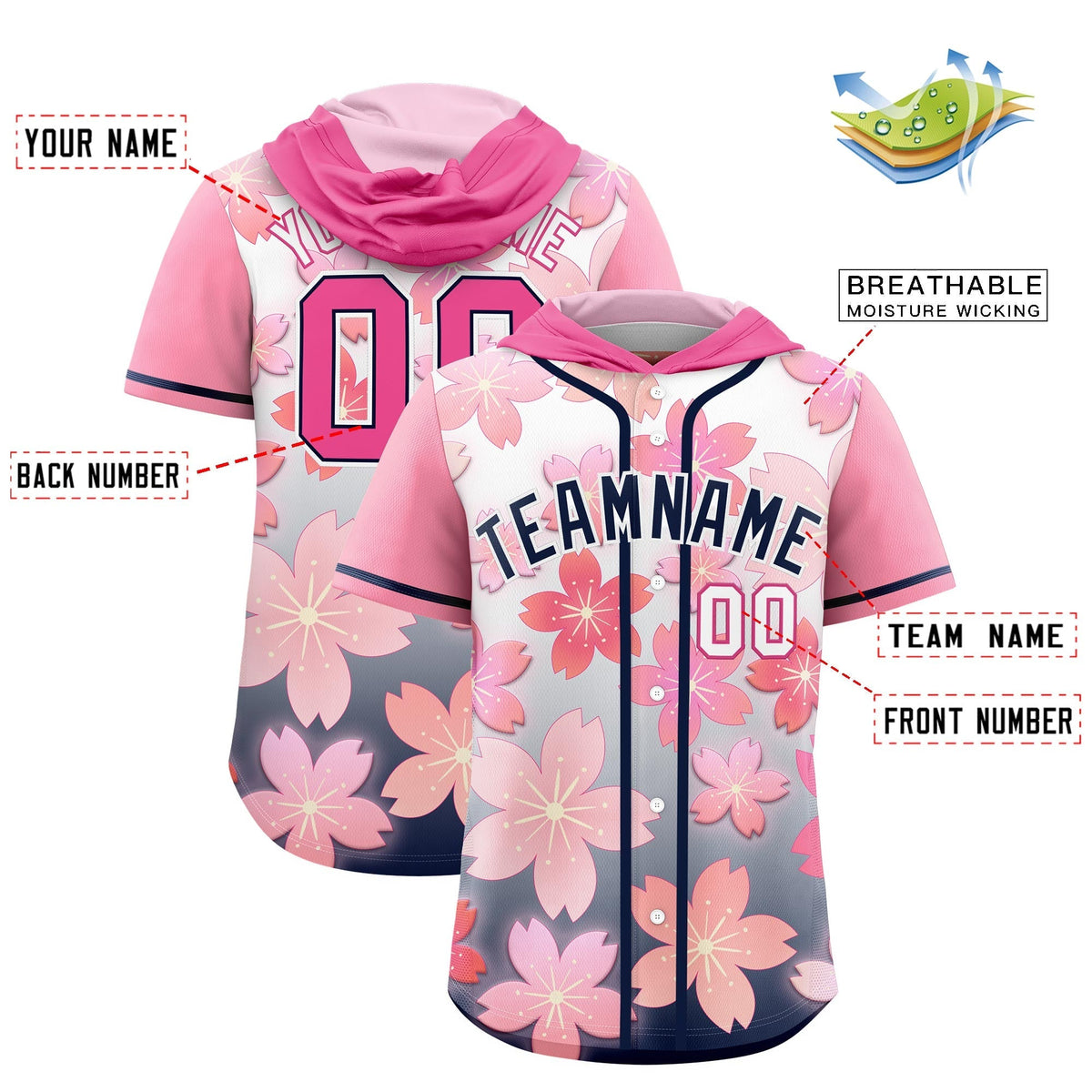 Custom Hooded Baseball Jersey | Pink Navy Cherry Blossom Breathable Athleisure Streetwear