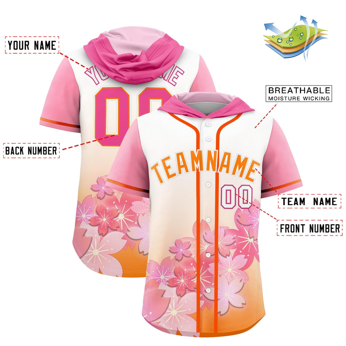 Custom Hooded Baseball Jersey | Pink Orange Cherry Blossom Moisture-Wicking Jersey for Men & Women