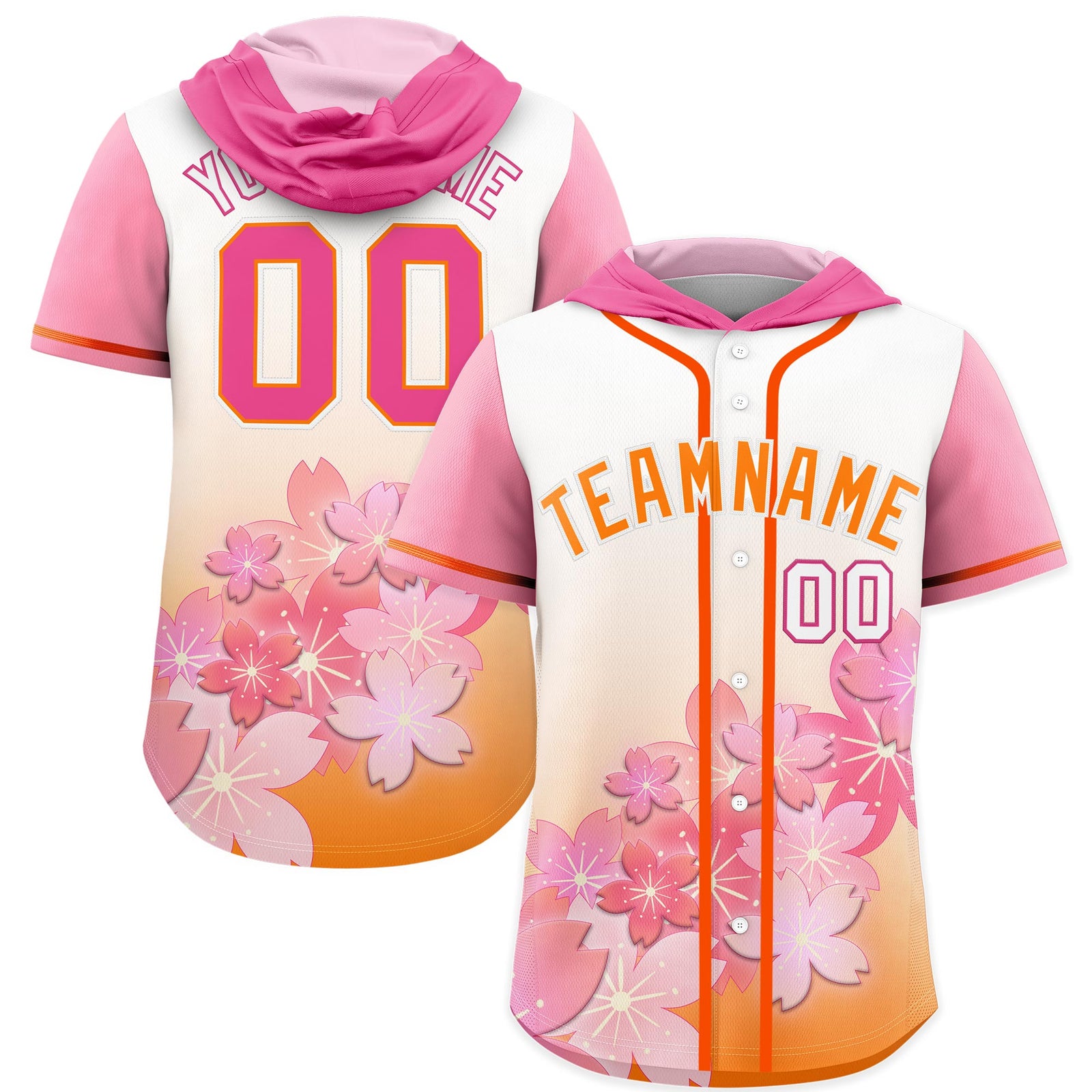 Custom Hooded Baseball Jersey | Pink Orange Cherry Blossom Moisture-Wicking Jersey for Men & Women