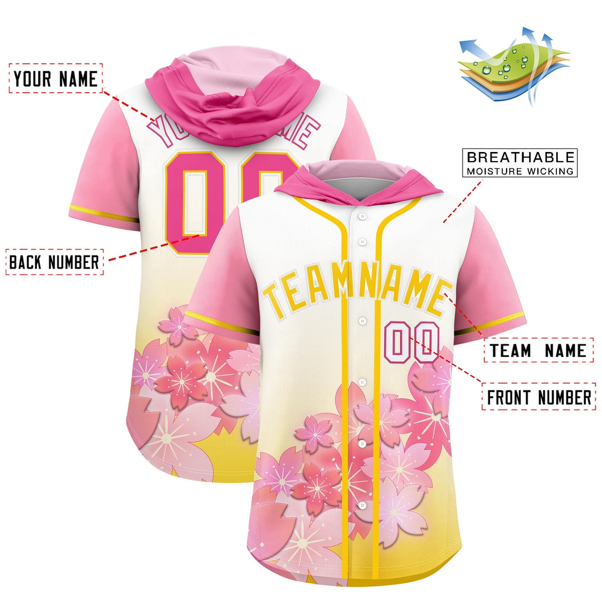 Custom Hooded Baseball Jersey | Gold White Cherry Blossom Personalized Name & Number Sport Jersey