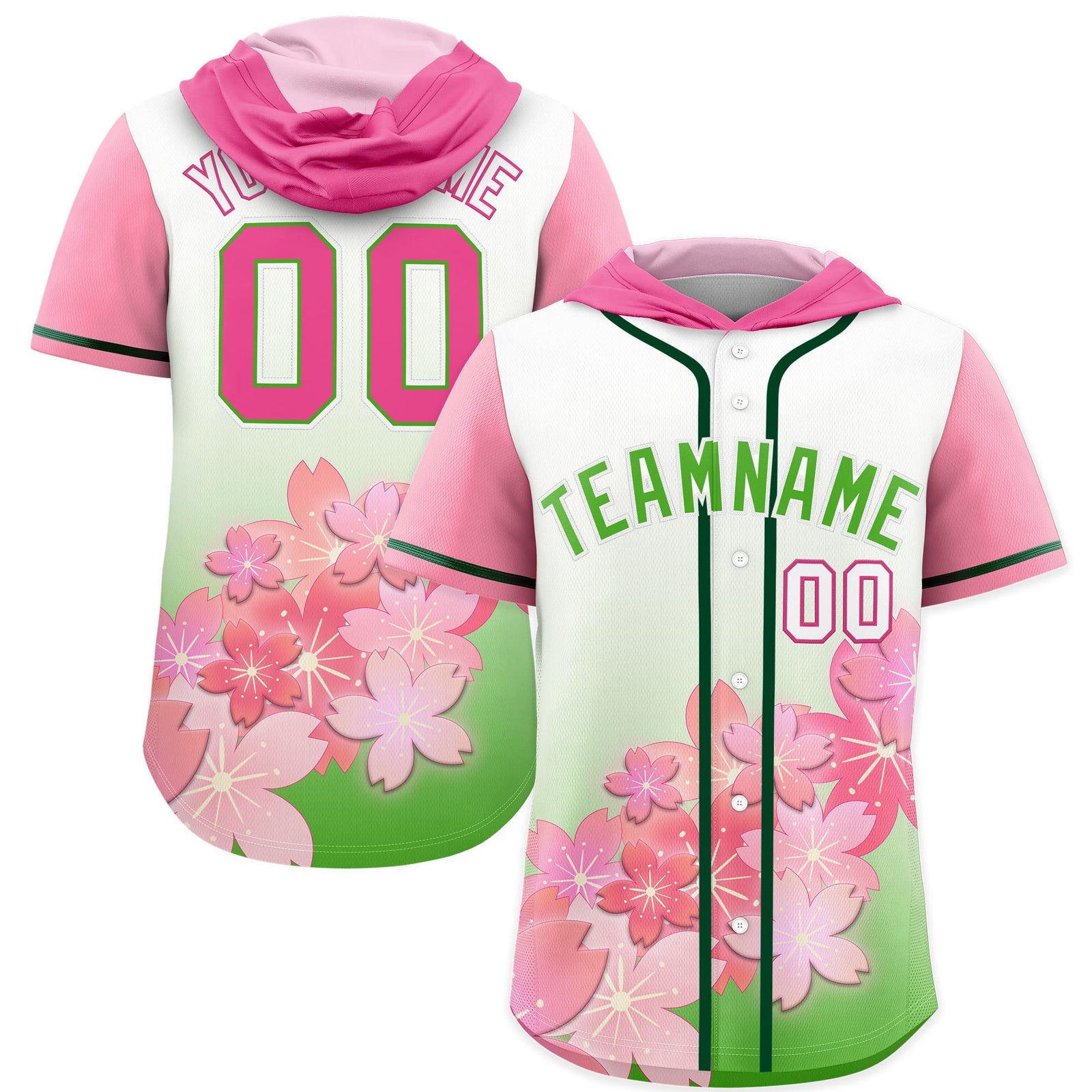 Custom Hooded Baseball Jersey | Pink Light Green Cherry Blossom Breathable Athleisure Streetwear