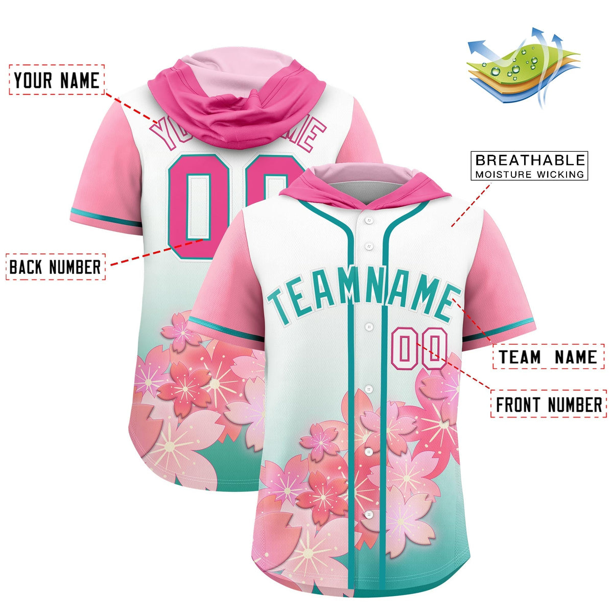 Custom Hooded Baseball Jersey | Pink Aqua Cherry Blossom Moisture-Wicking Jersey for Men & Women