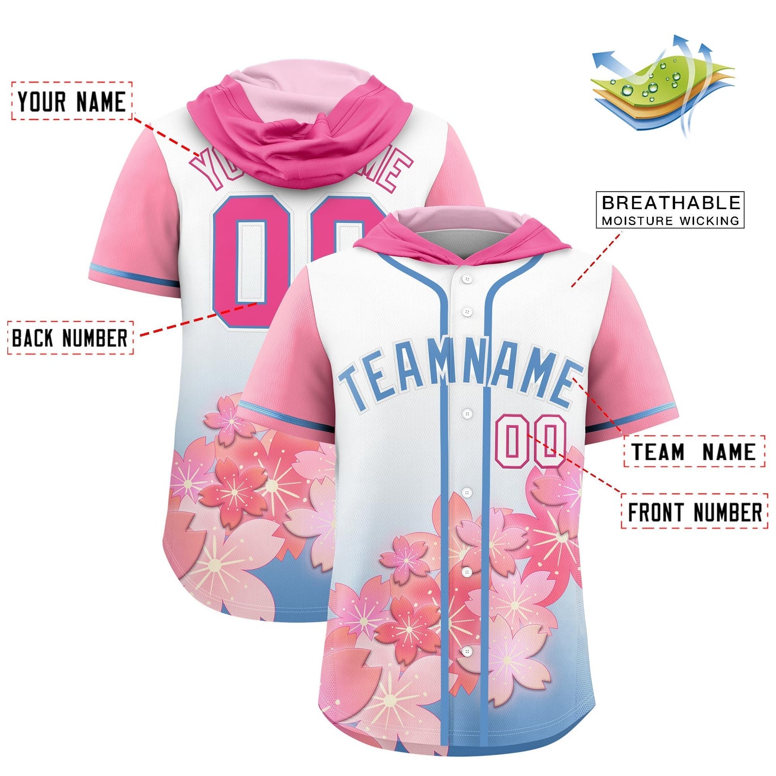 Custom Hooded Baseball Jersey | Pink Light Blue Cherry Blossom Personalized Name & Number Sport Jersey