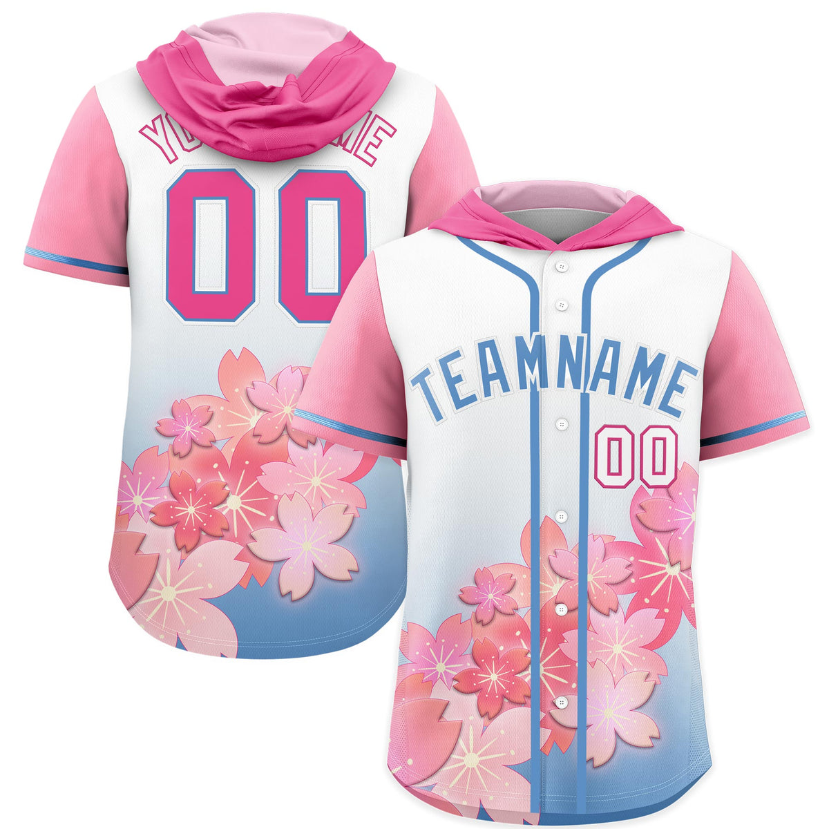 Custom Hooded Baseball Jersey | Pink Light Blue Cherry Blossom Personalized Name & Number Sport Jersey