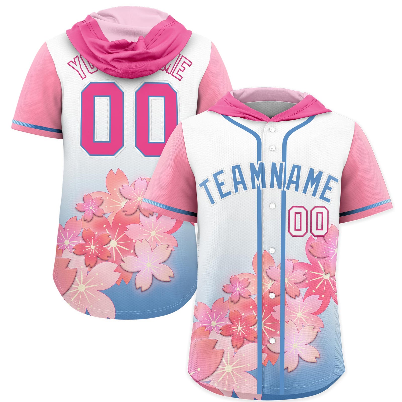 Custom Hooded Baseball Jersey | Pink Light Blue Cherry Blossom Personalized Name & Number Sport Jersey