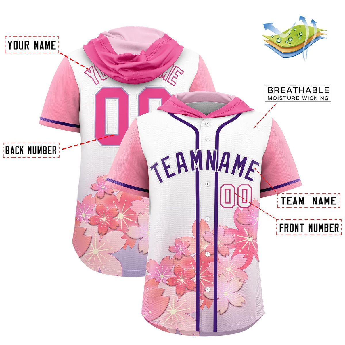 Custom Hooded Baseball Jersey | Pink Purple Cherry Blossom Breathable Athleisure Streetwear