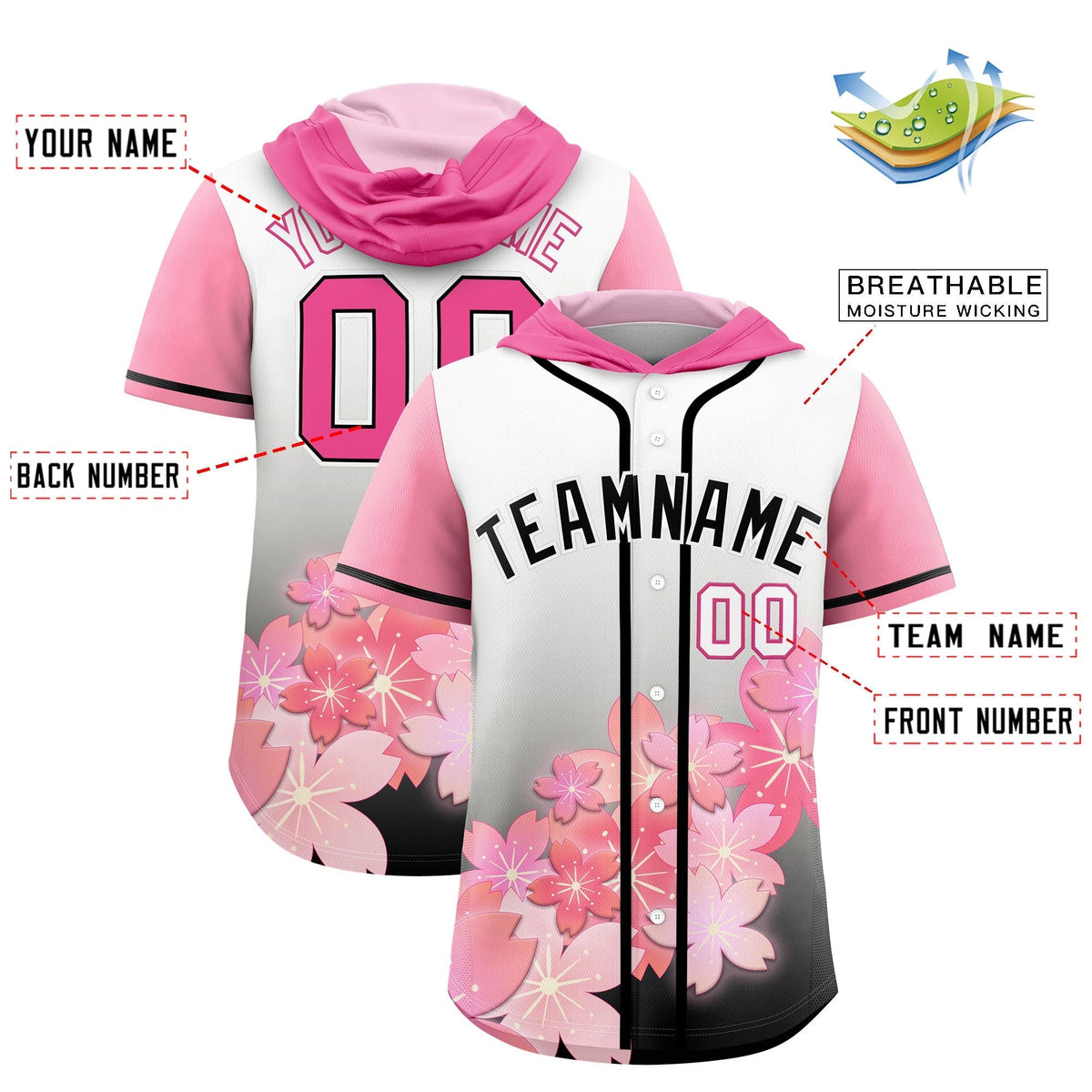 Custom Hooded Baseball Jersey | Pink Black Cherry Blossom Moisture-Wicking Jersey for Men & Women