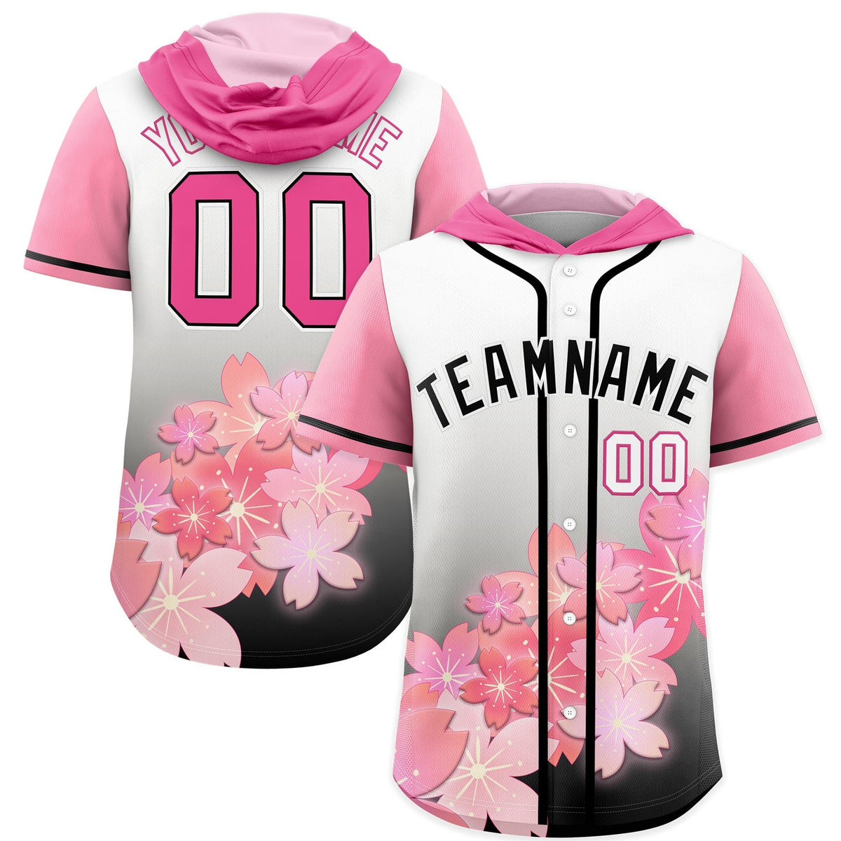 Custom Hooded Baseball Jersey | Pink Black Cherry Blossom Moisture-Wicking Jersey for Men & Women
