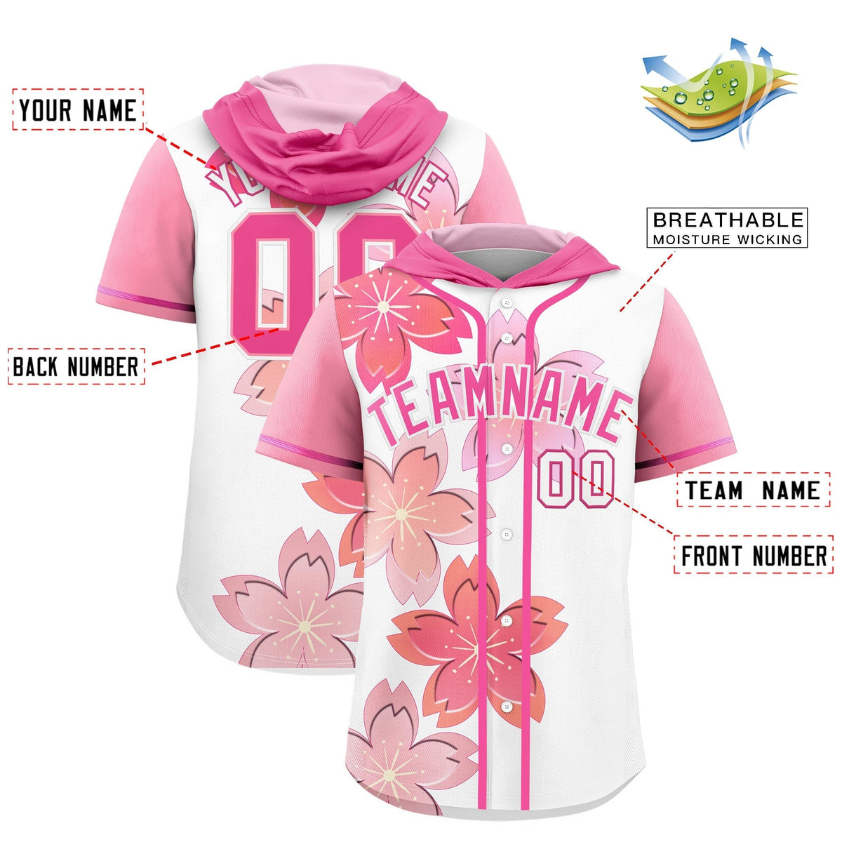 Custom Hooded Baseball Jersey | Pink White Cherry Blossom Personalized Name & Number Sport Jersey