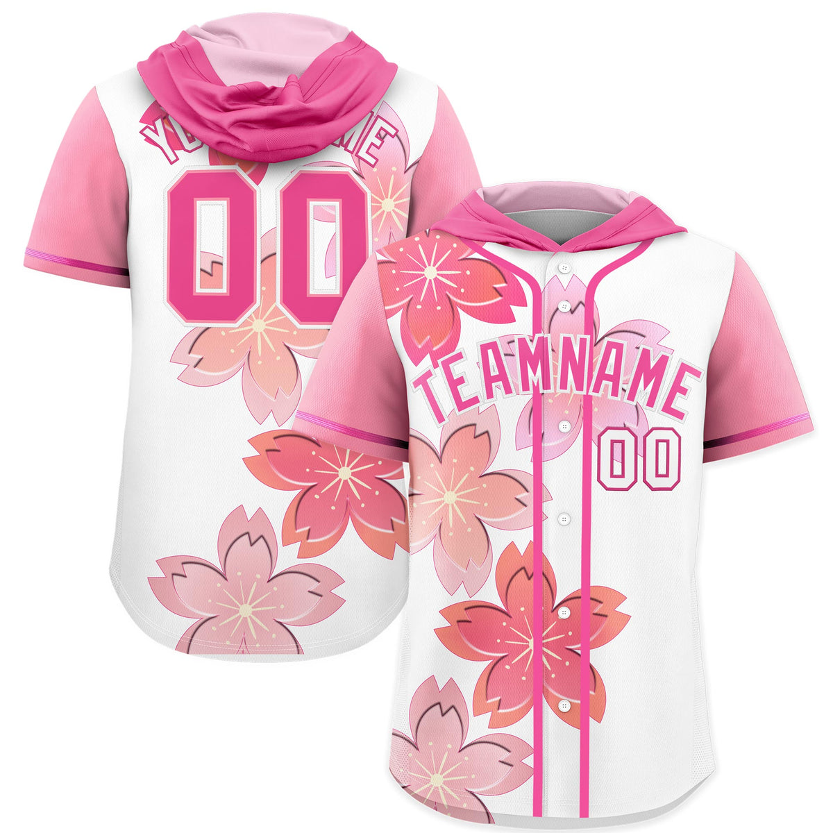 Custom Hooded Baseball Jersey | Pink White Cherry Blossom Personalized Name & Number Sport Jersey