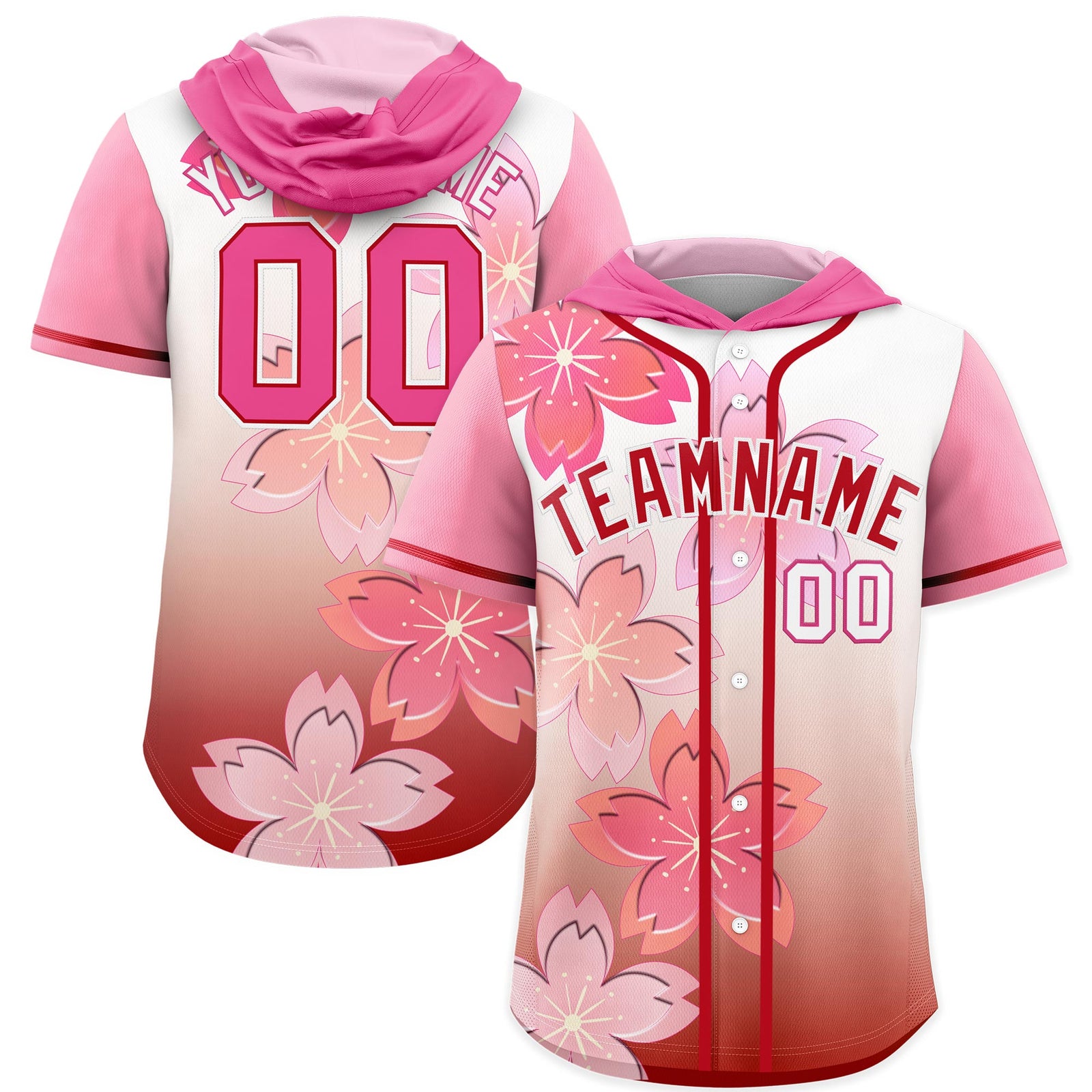 Custom Hooded Baseball Jersey | Pink Red Cherry Blossom Breathable Athleisure Streetwear