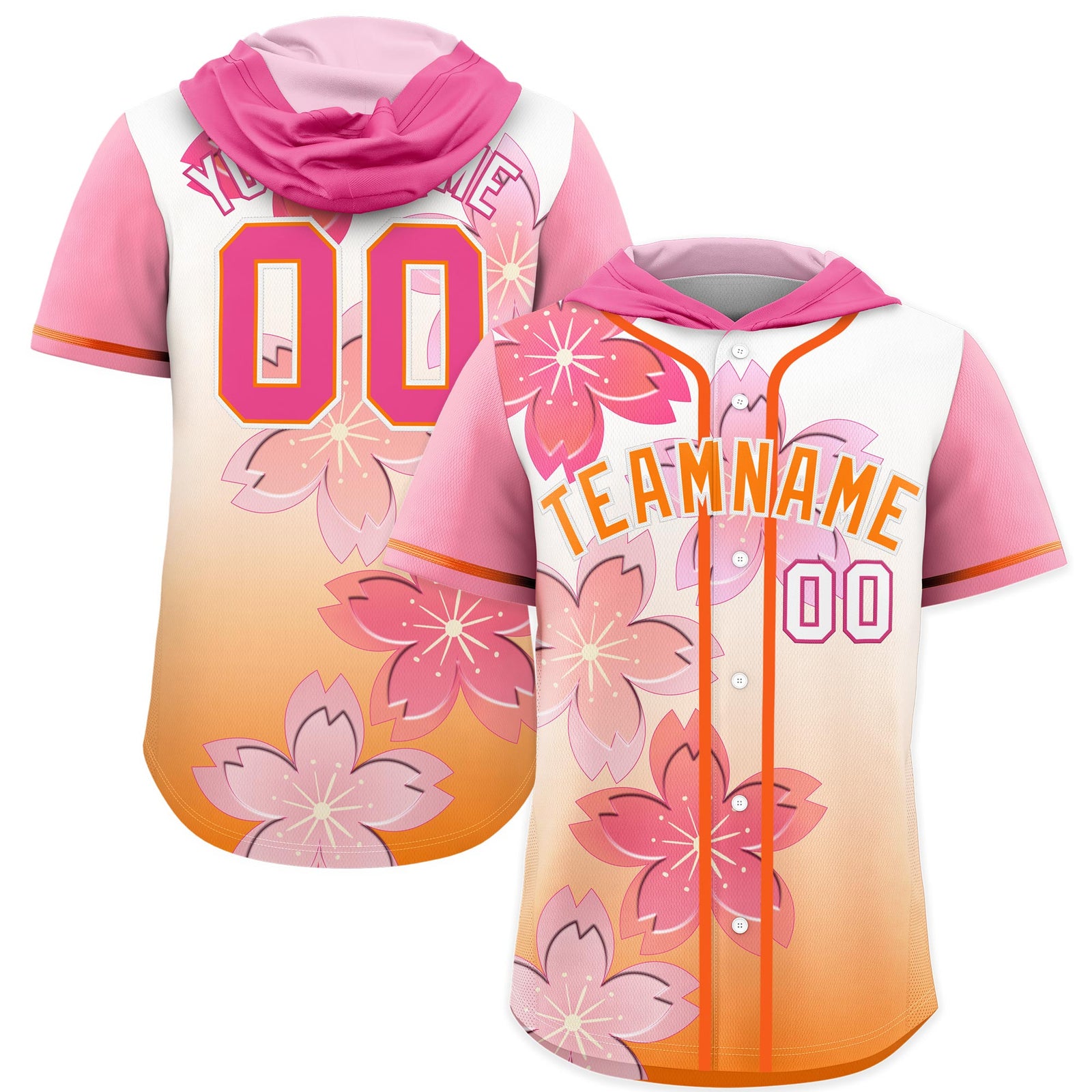 Custom Hooded Baseball Jersey | Pink Orange Cherry Blossom Moisture-Wicking Jersey for Men & Women