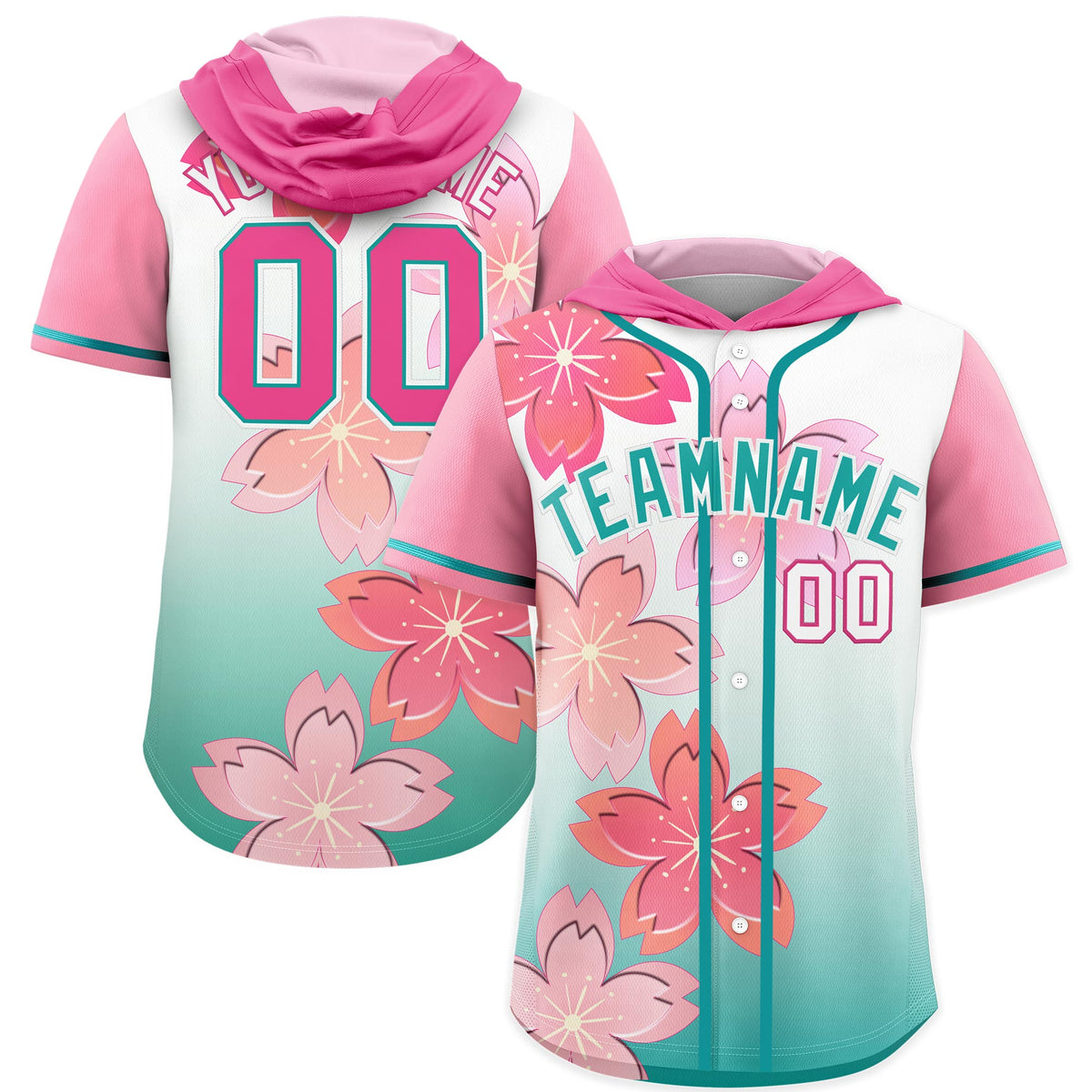 Custom Hooded Baseball Jersey | Pink Teal Cherry Blossom Moisture-Wicking Jersey for Men & Women