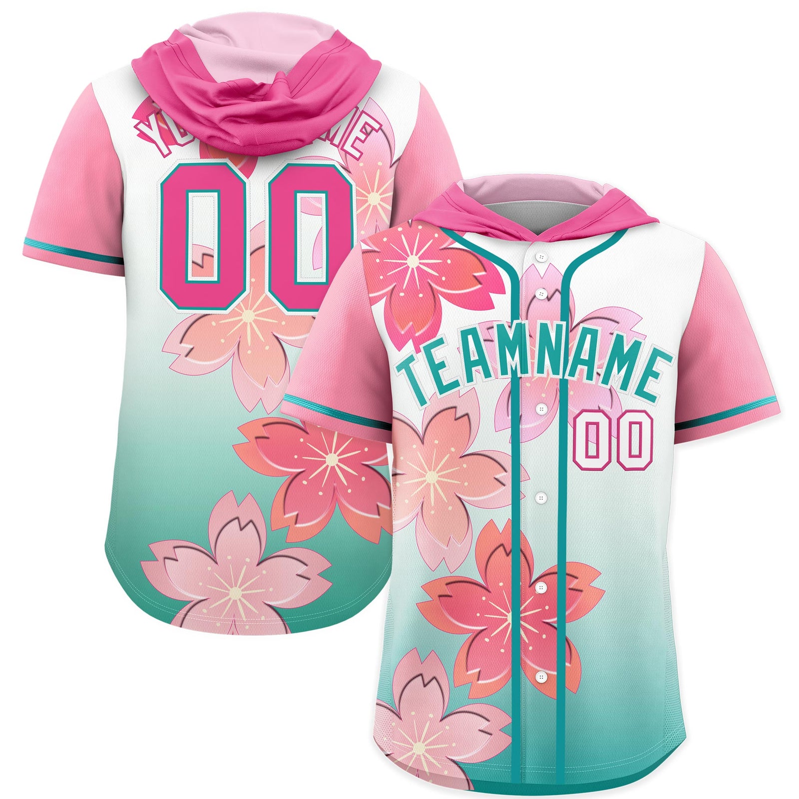 Custom Hooded Baseball Jersey | Pink Teal Cherry Blossom Moisture-Wicking Jersey for Men & Women