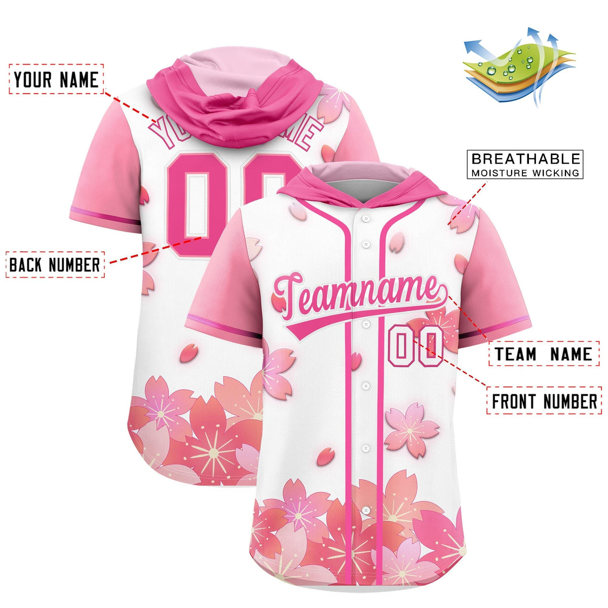 Custom Hooded Baseball Jersey | White Pink Cherry Blossom Personalized Name & Number Sport Jersey