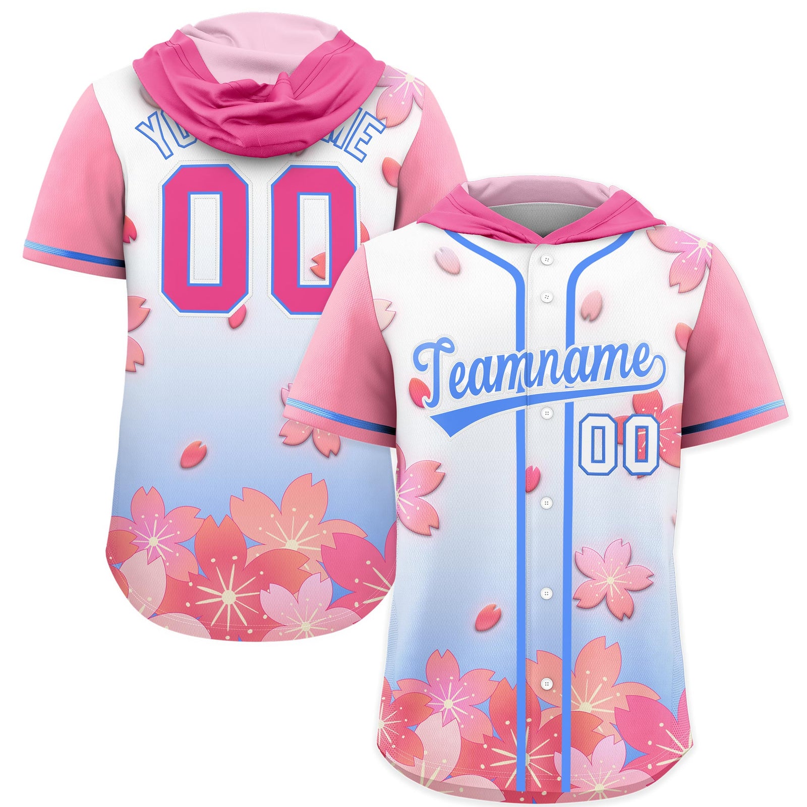 Custom Hooded Baseball Jersey | Pink Powder Blue Cherry Blossom Moisture-Wicking Jersey for Men & Women
