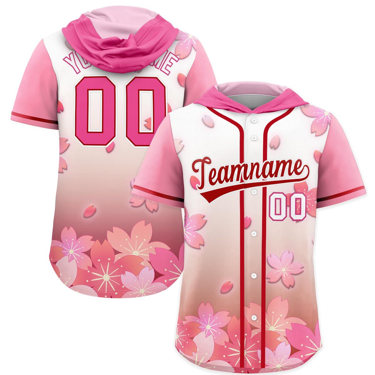 Custom Hooded Baseball Jersey | Pink Red Cherry Blossom Moisture-Wicking Jersey for Men & Women