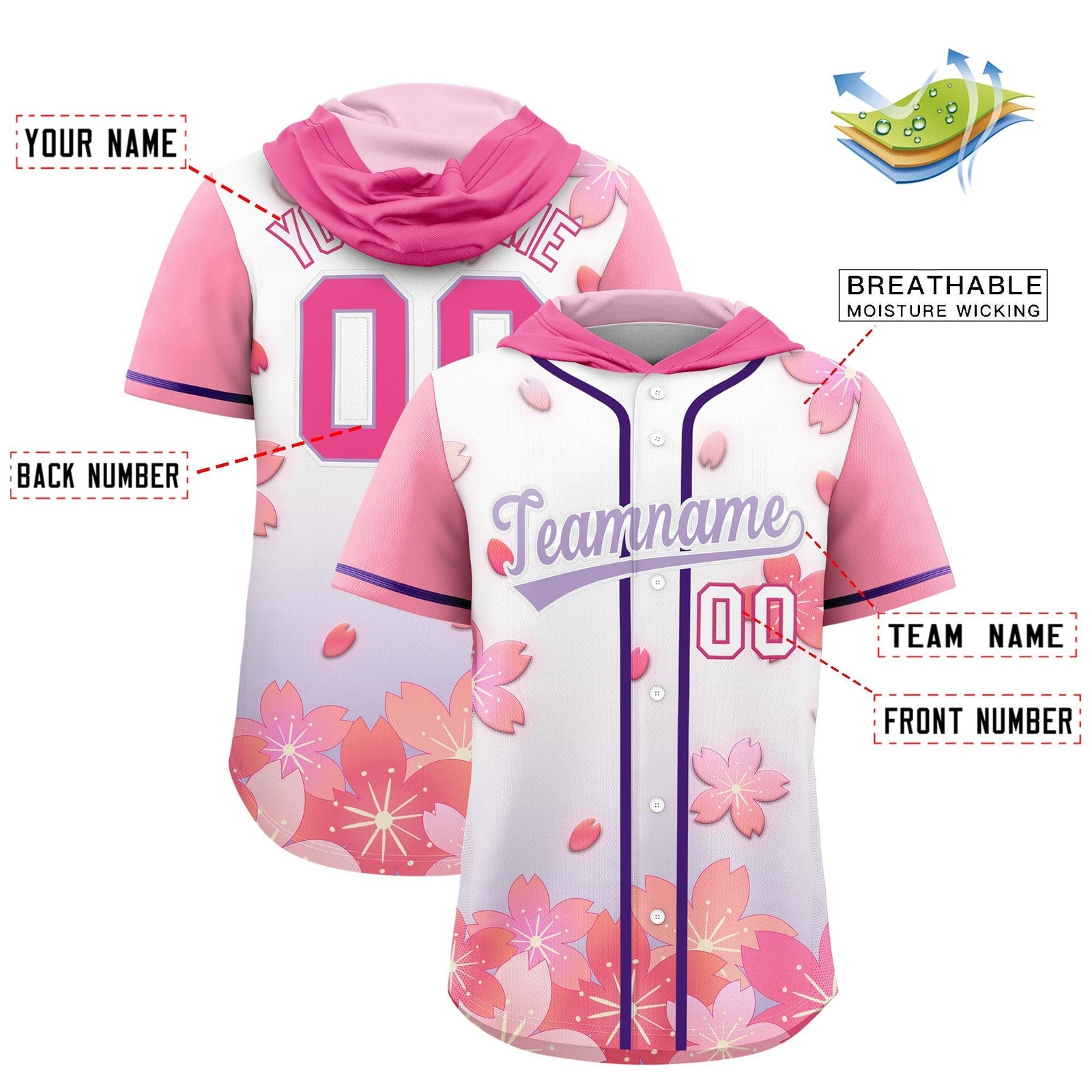 Custom Hooded Baseball Jersey | Pink Light Purple Cherry Blossom Personalized Name & Number Sport Jersey