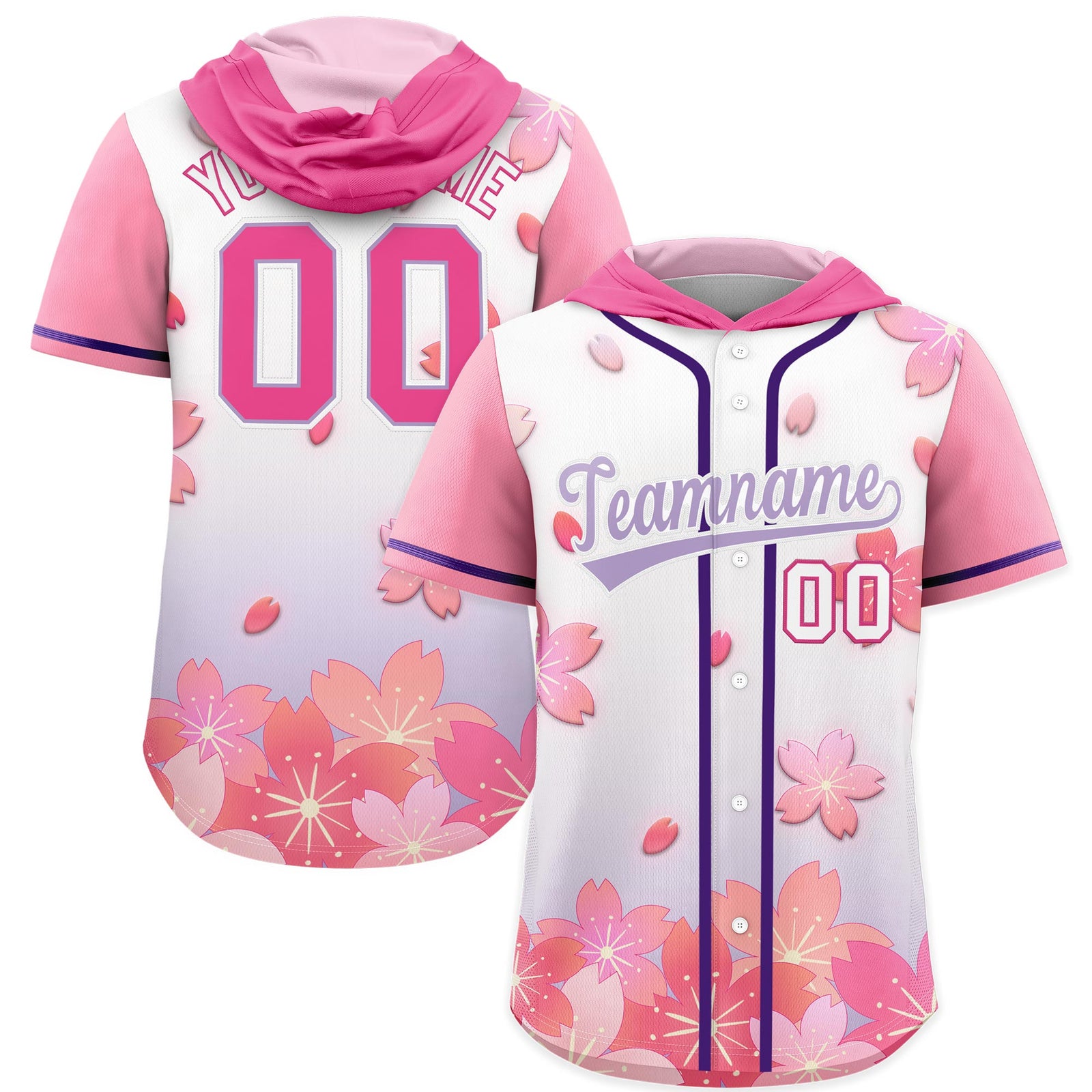 Custom Hooded Baseball Jersey | Pink Light Purple Cherry Blossom Personalized Name & Number Sport Jersey