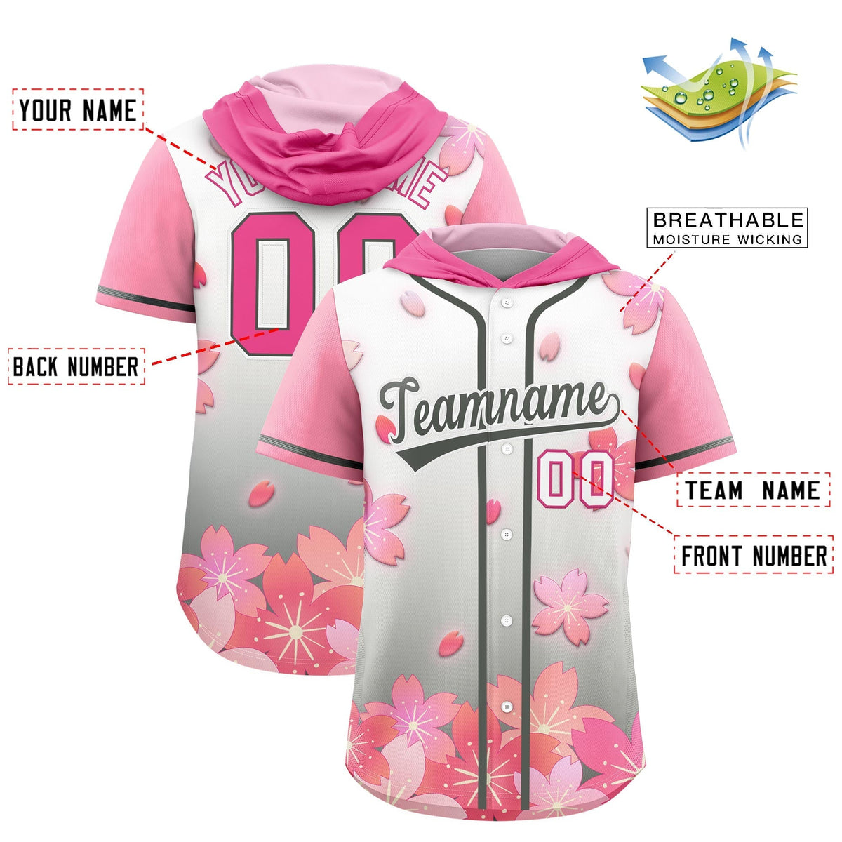 Custom Hooded Baseball Jersey | Pink Gray Cherry Blossom Moisture-Wicking Jersey for Men & Women
