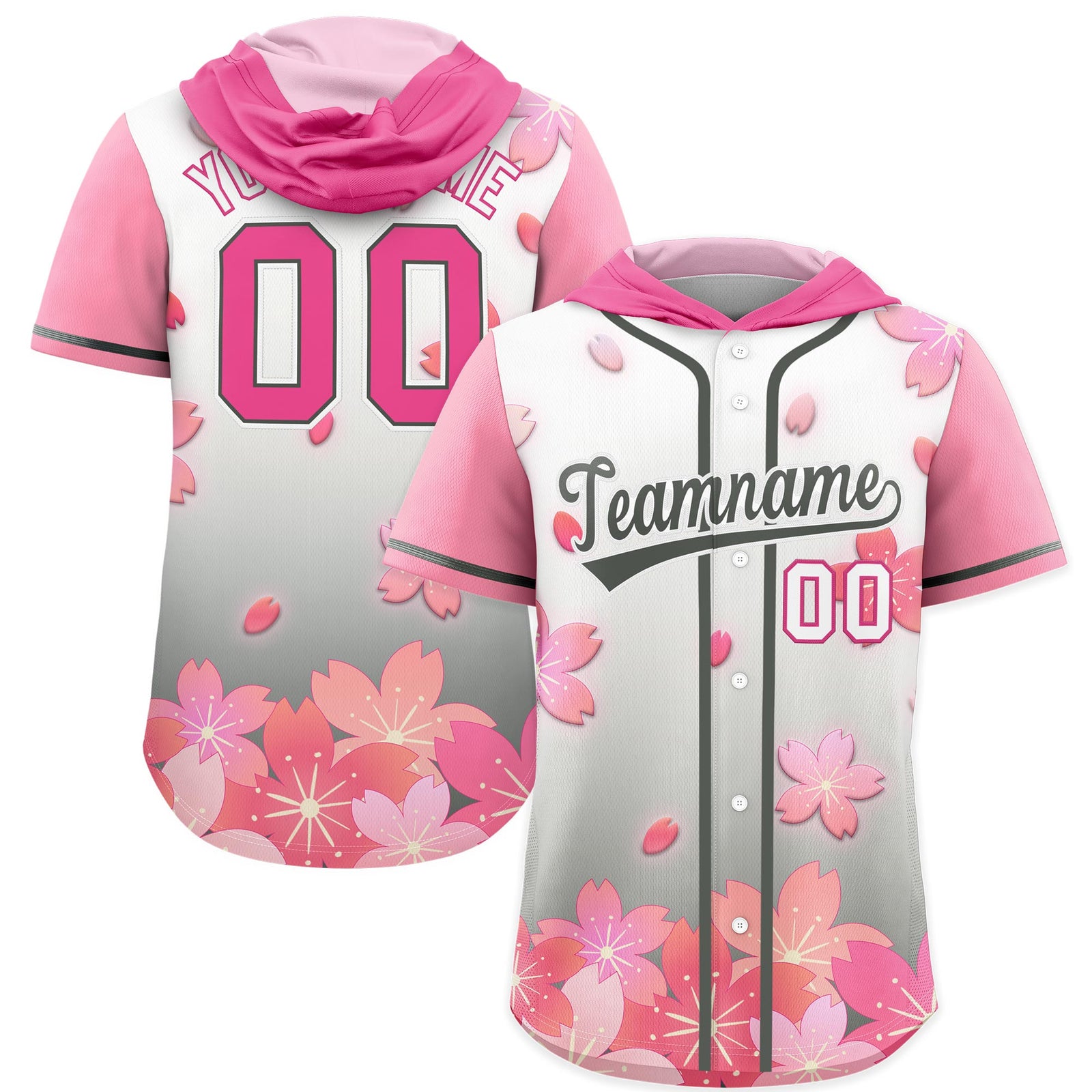 Custom Hooded Baseball Jersey | Pink Gray Cherry Blossom Moisture-Wicking Jersey for Men & Women