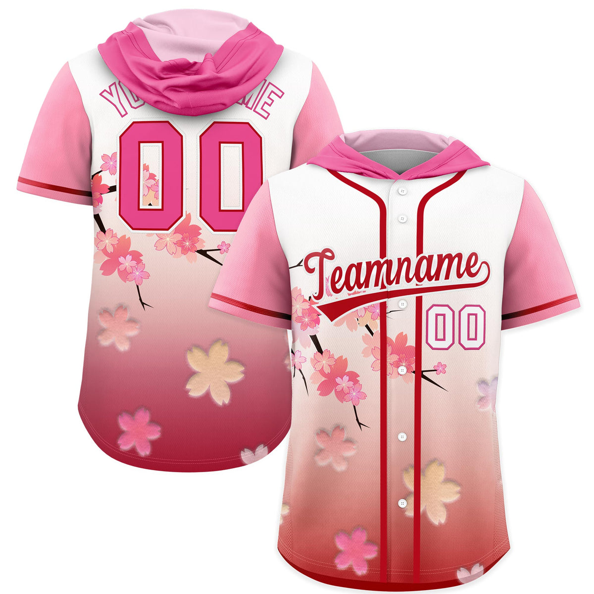 Custom Hooded Baseball Jersey | Pink Red Cherry Blossom Moisture-Wicking Jersey for Men & Women