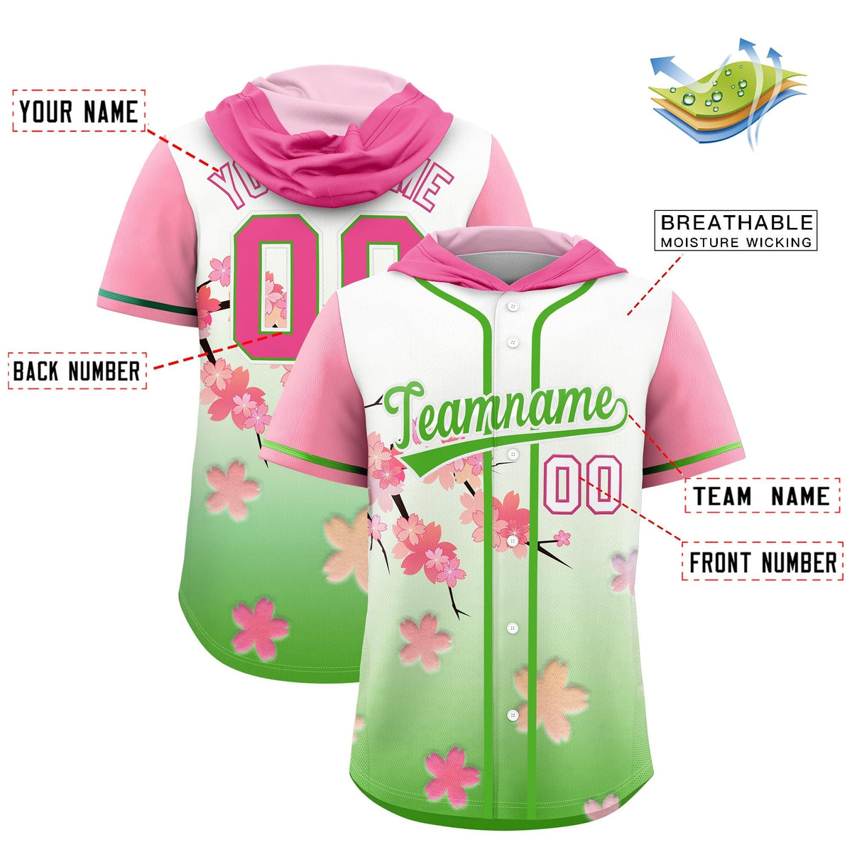 Custom Hooded Baseball Jersey | Pink Light Green Cherry Blossom Moisture-Wicking Jersey for Men & Women