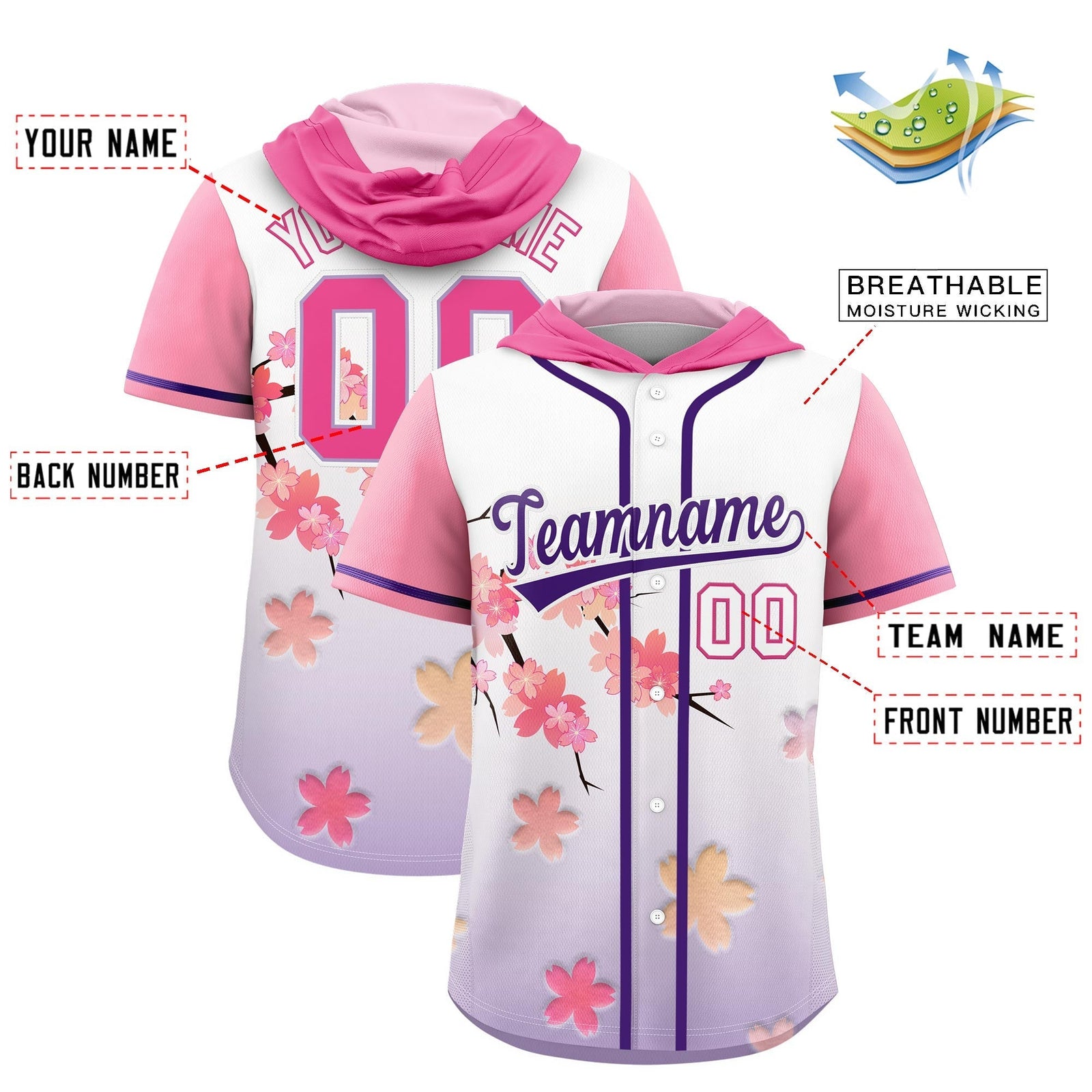 Custom Hooded Baseball Jersey | Pink Purple Cherry Blossom Moisture-Wicking Jersey for Men & Women