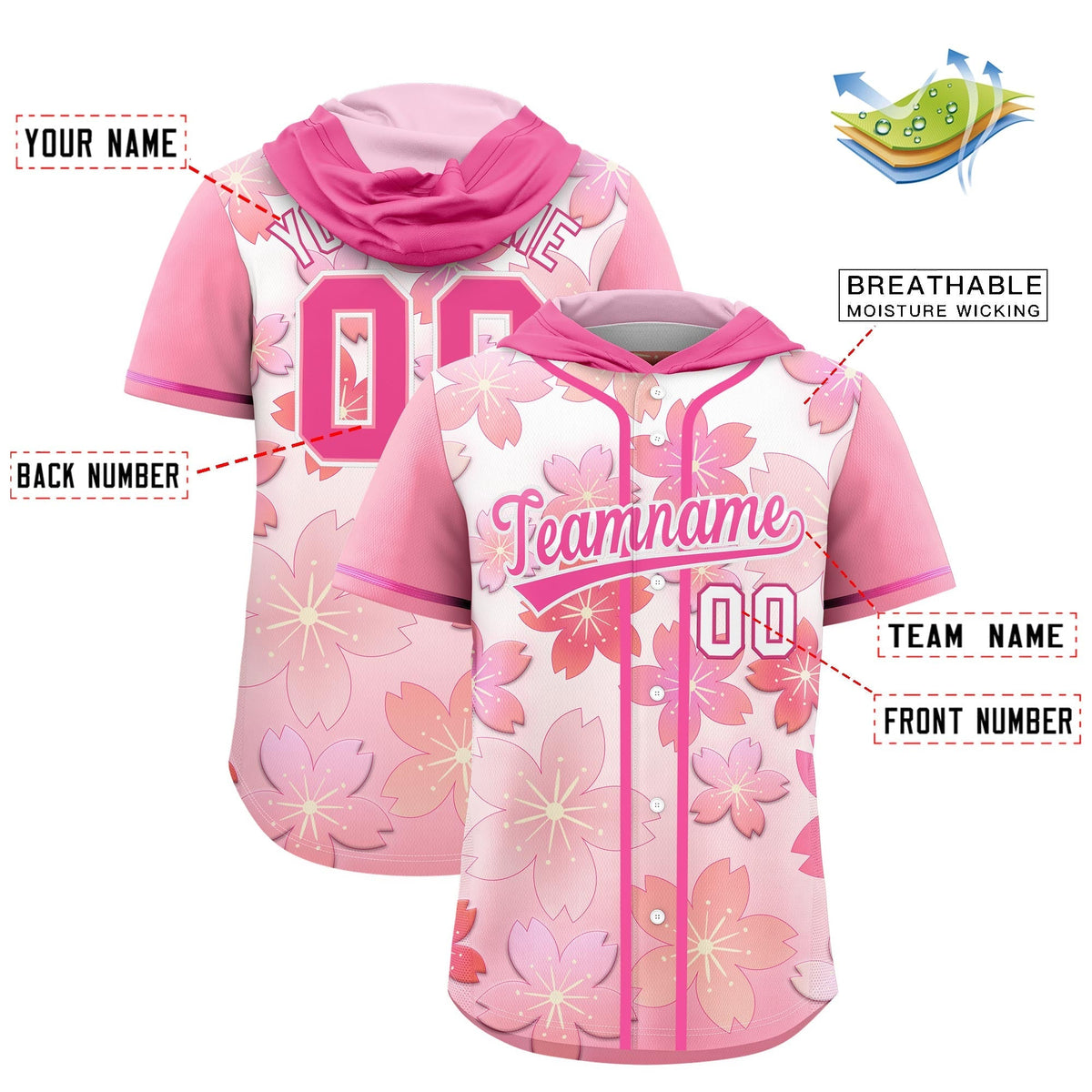 Custom Hooded Baseball Jersey | Pink Pink Cherry Blossom Personalized Name & Number Sport Jersey