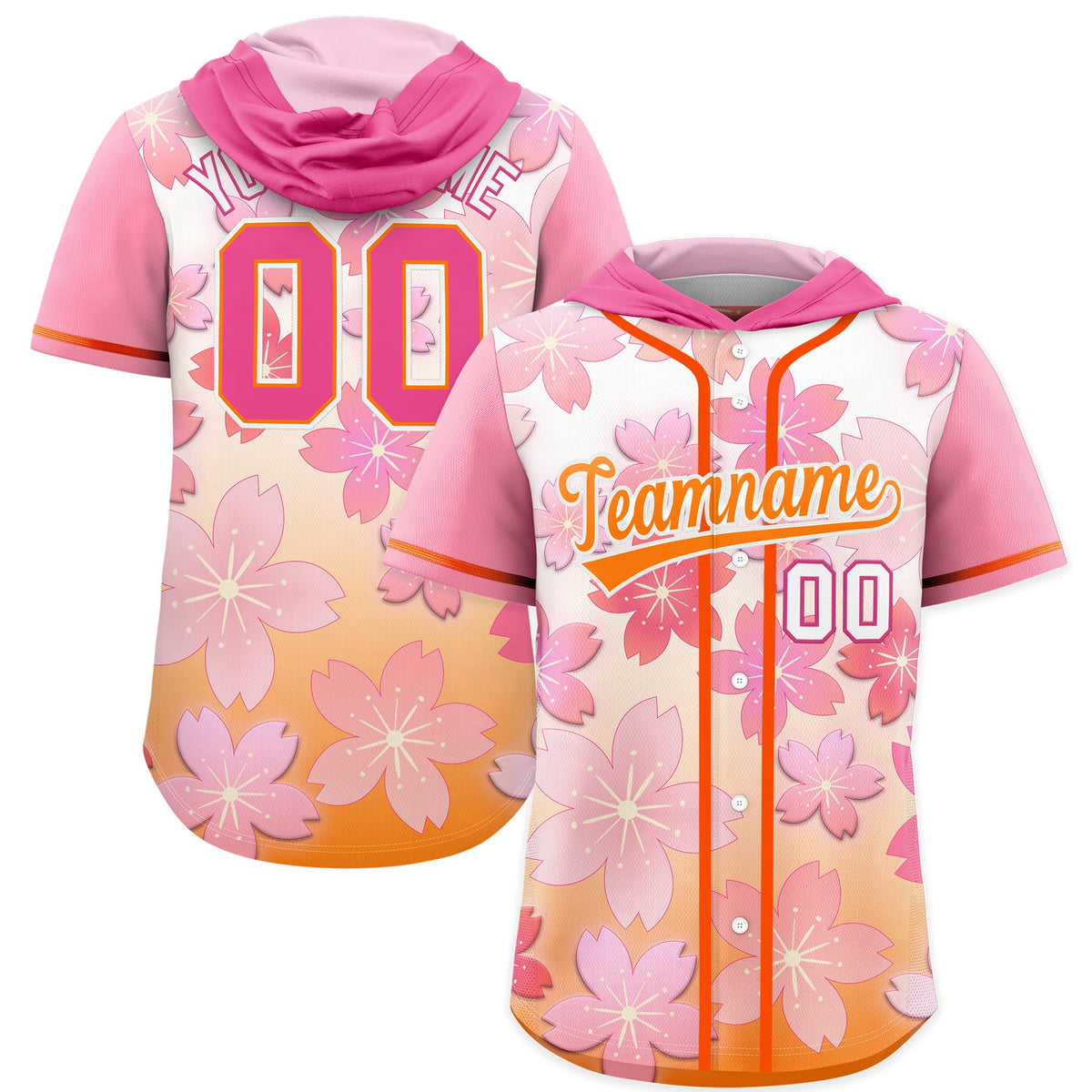 Custom Hooded Baseball Jersey | Pink Orange Cherry Blossom Moisture-Wicking Jersey for Men & Women