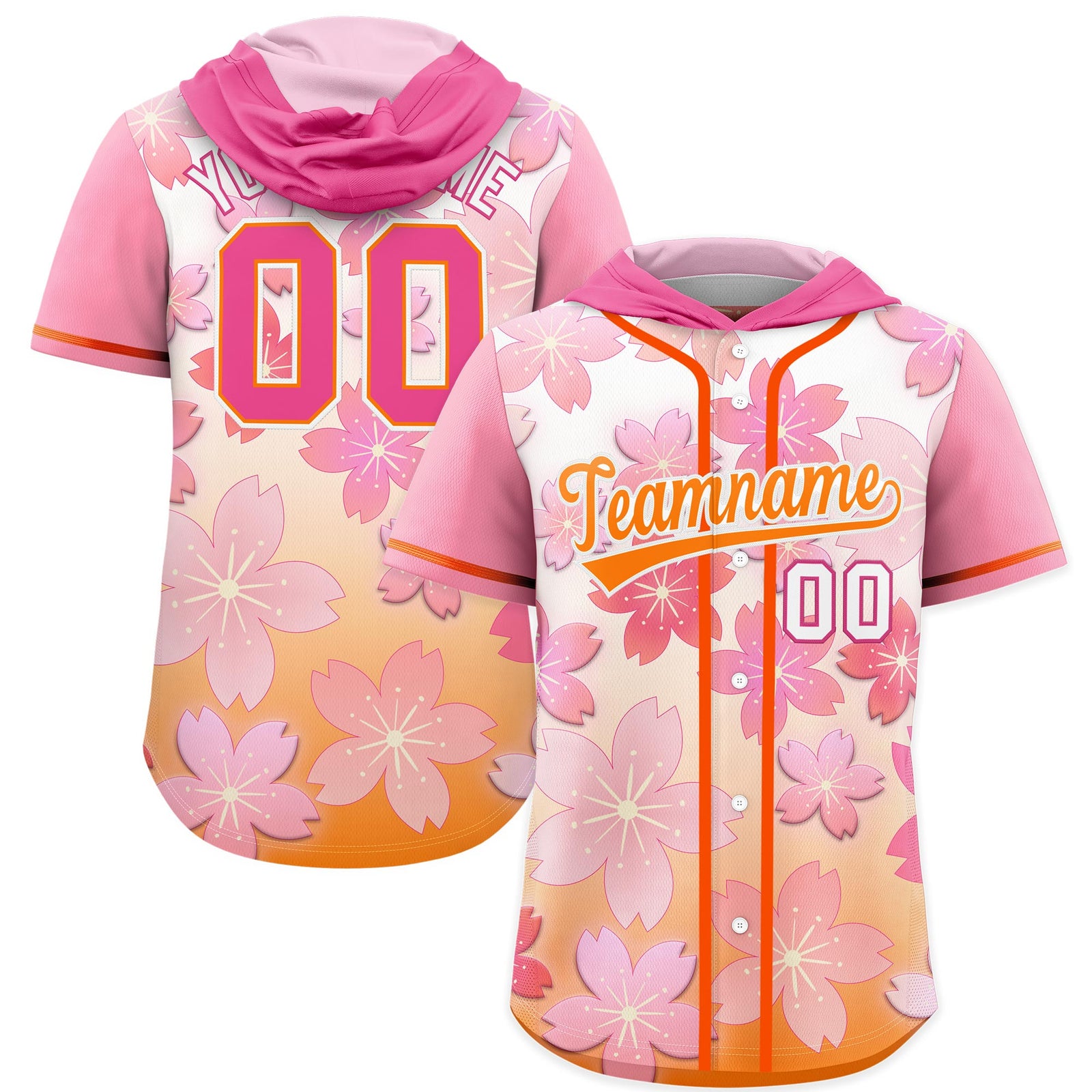 Custom Hooded Baseball Jersey | Pink Orange Cherry Blossom Moisture-Wicking Jersey for Men & Women