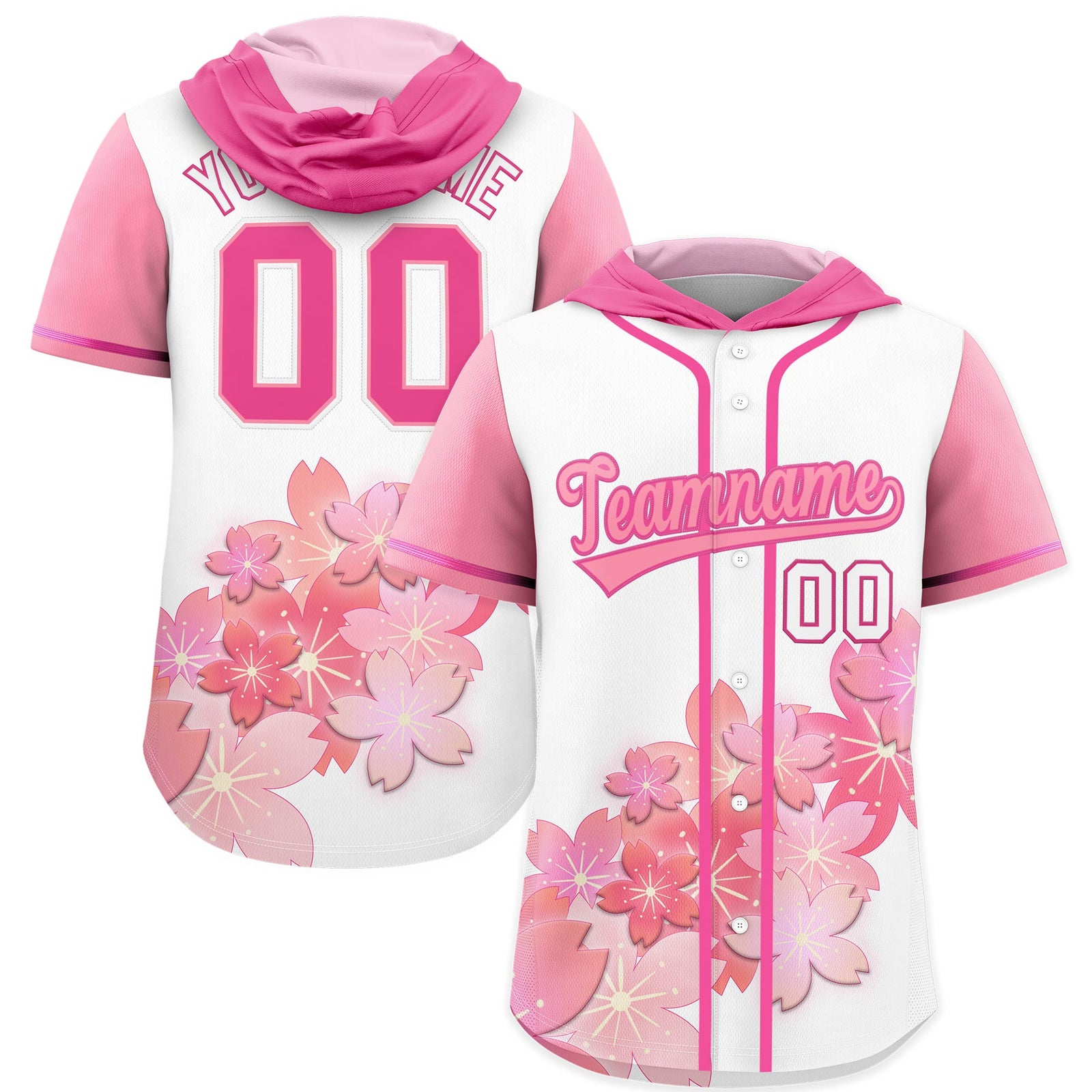 Custom Hooded Baseball Jersey | Pink Light Pink Cherry Blossom Personalized Name & Number Sport Jersey