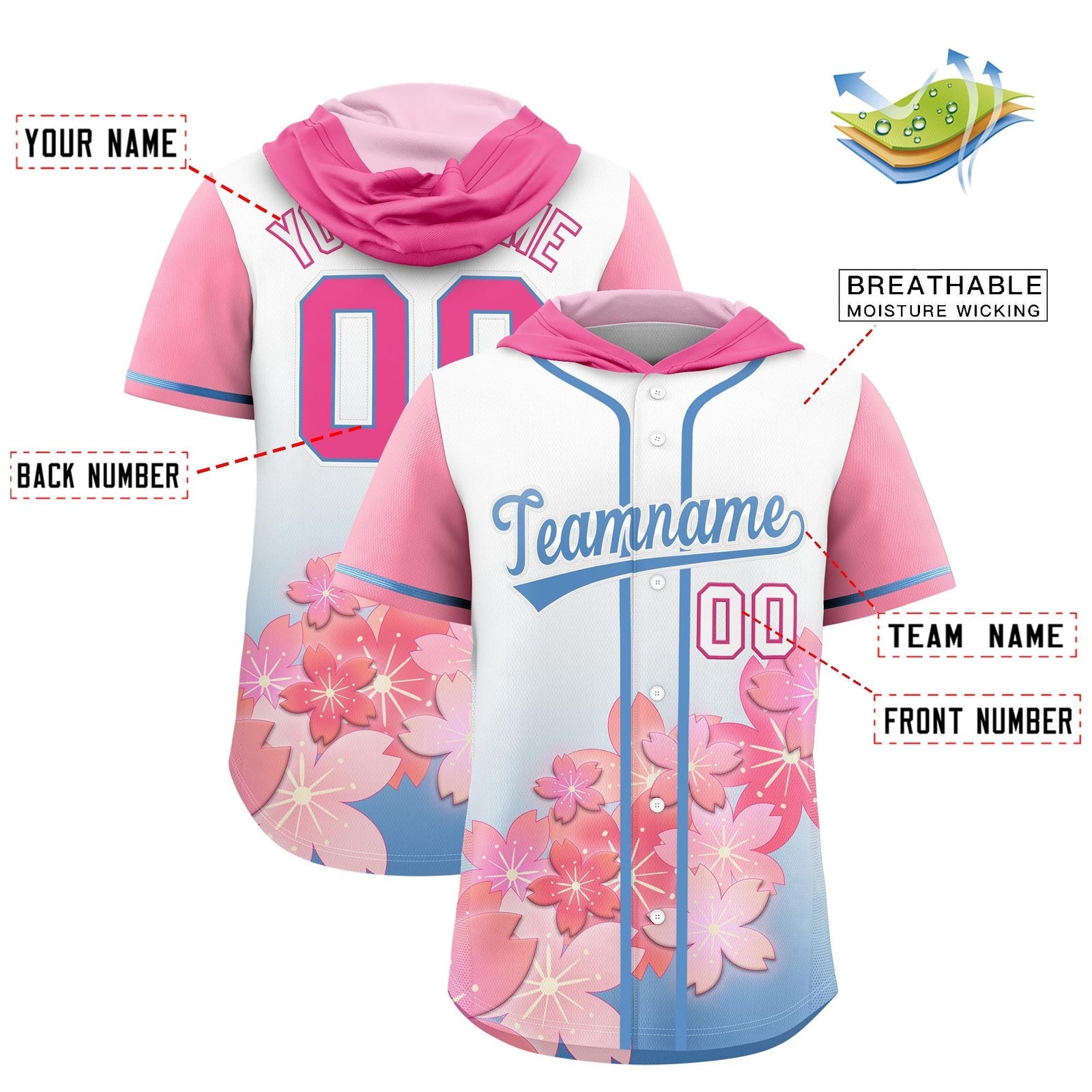 Custom Hooded Baseball Jersey | Pink Light Blue Cherry Blossom Personalized Name & Number Sport Jersey