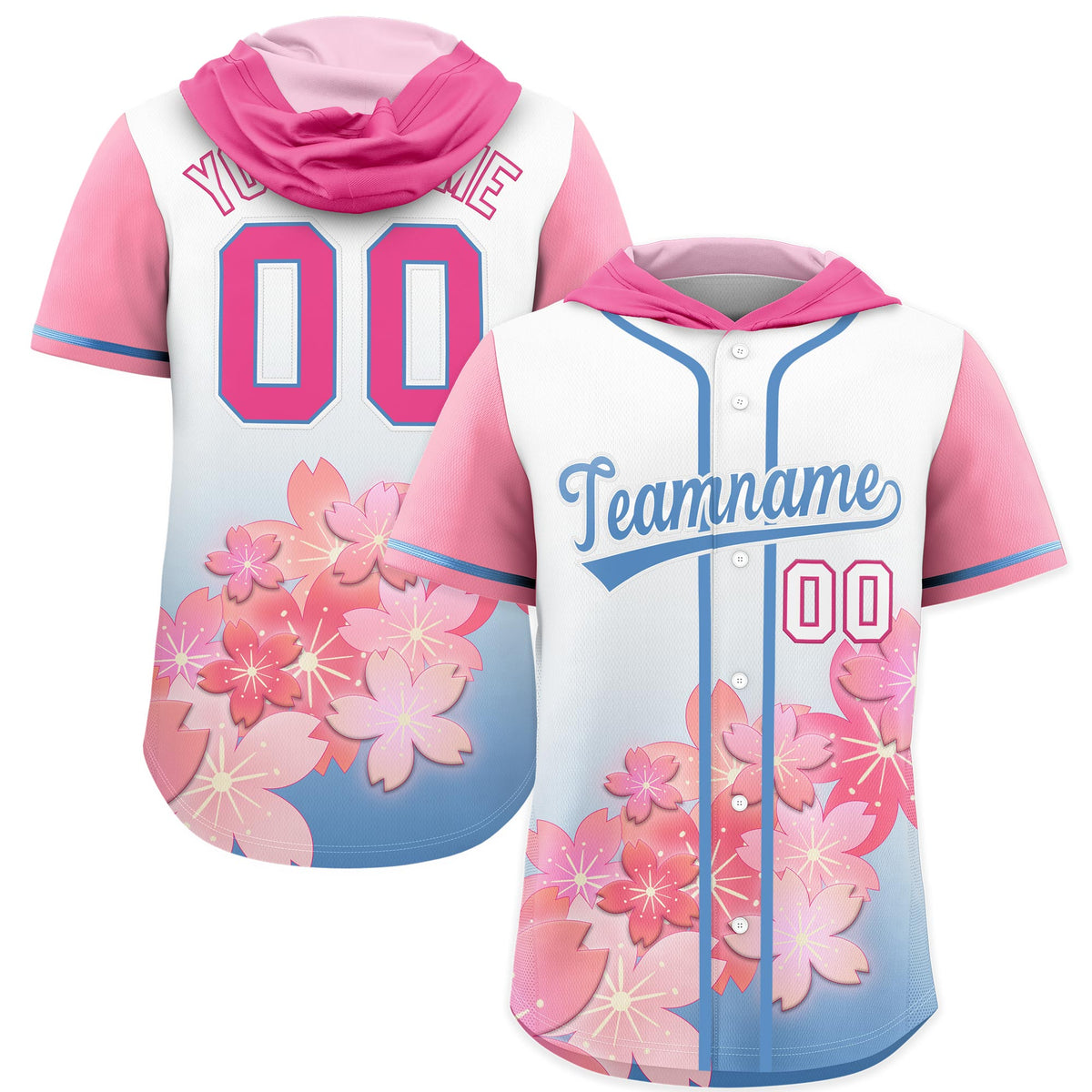 Custom Hooded Baseball Jersey | Pink Light Blue Cherry Blossom Personalized Name & Number Sport Jersey
