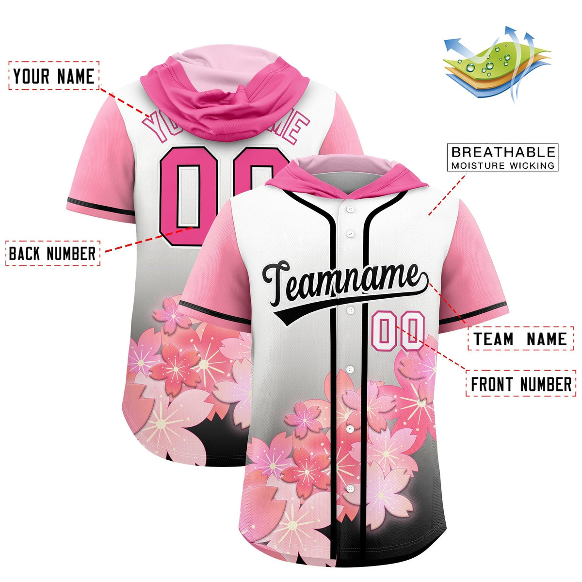 Custom Hooded Baseball Jersey | Pink Black Cherry Blossom Moisture-Wicking Jersey for Men & Women