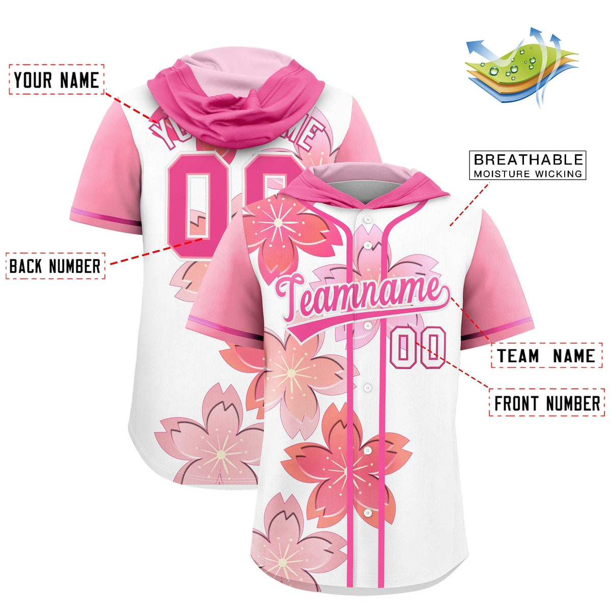 Custom Hooded Baseball Jersey | Pink White Cherry Blossom Personalized Name & Number Sport Jersey