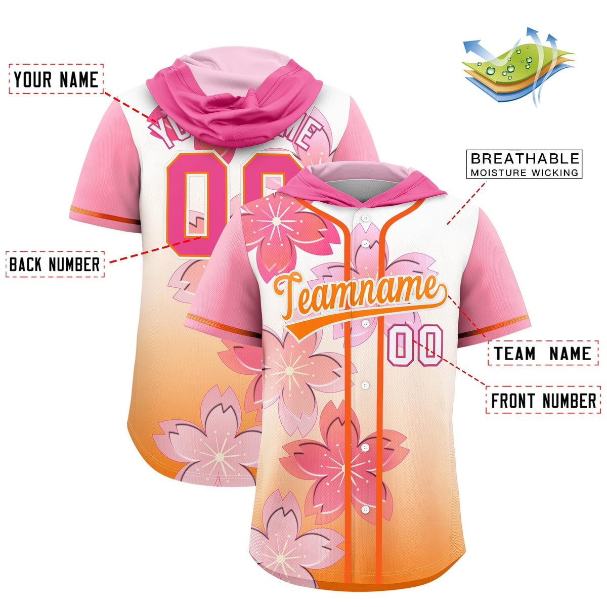 Custom Hooded Baseball Jersey | Pink Orange Cherry Blossom Moisture-Wicking Jersey for Men & Women