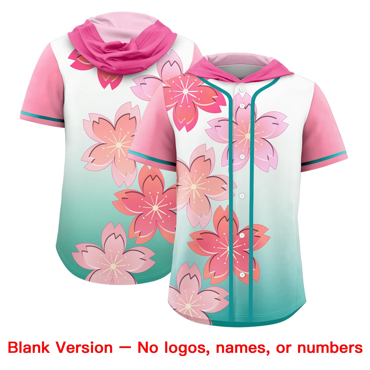 Custom Hooded Baseball Jersey | Pink Teal Cherry Blossom Moisture-Wicking Jersey for Men & Women