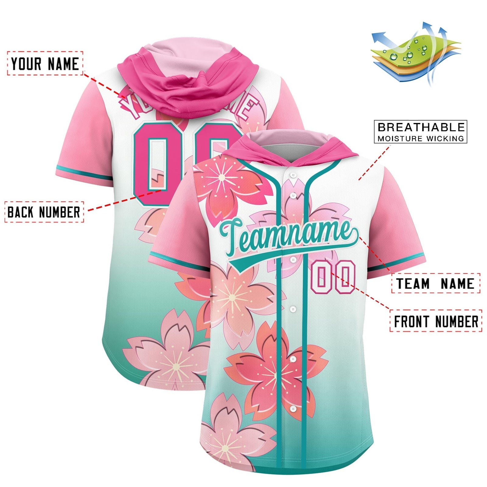 Custom Hooded Baseball Jersey | Pink Teal Cherry Blossom Moisture-Wicking Jersey for Men & Women
