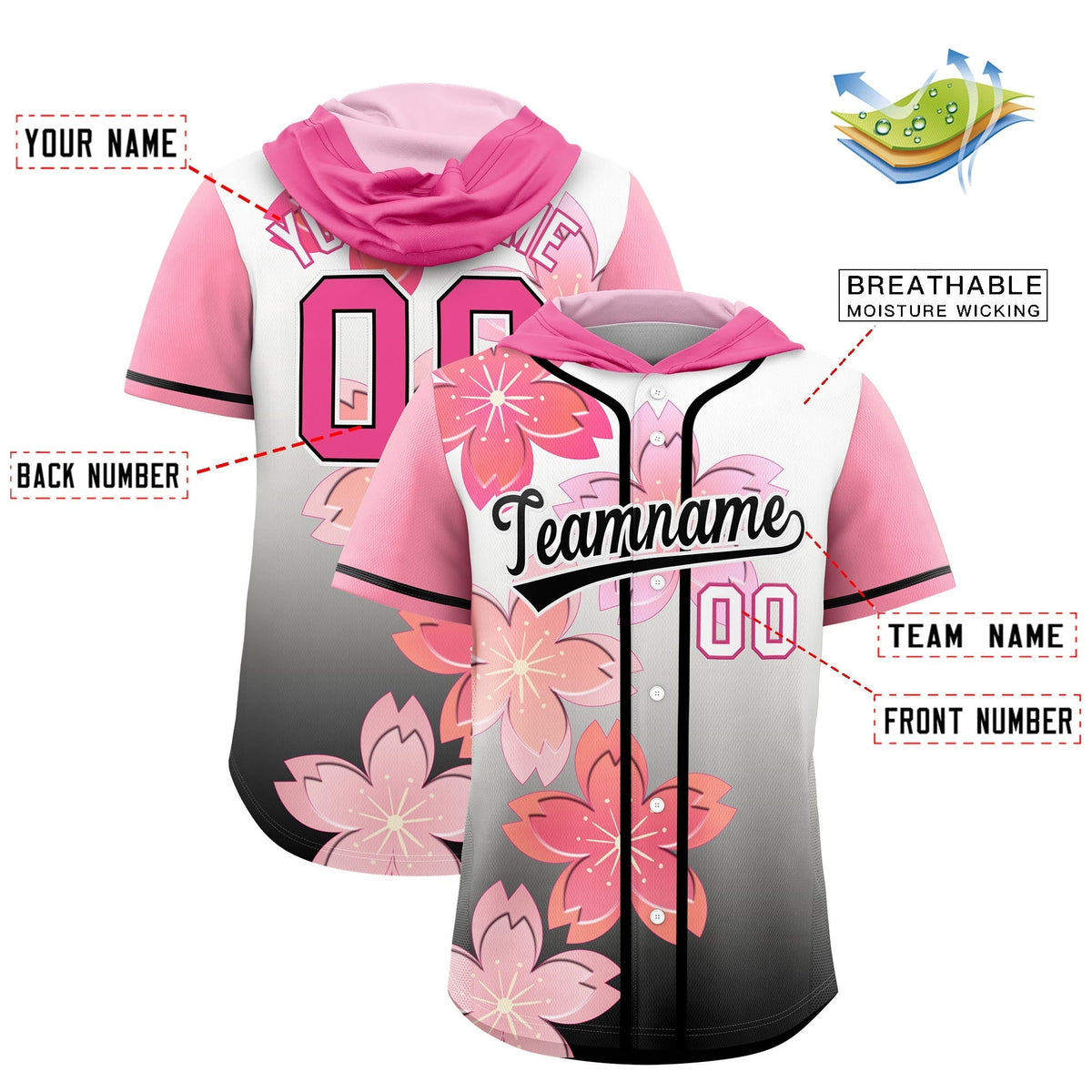 Custom Hooded Baseball Jersey | Pink Black Cherry Blossom Moisture-Wicking Jersey for Men & Women