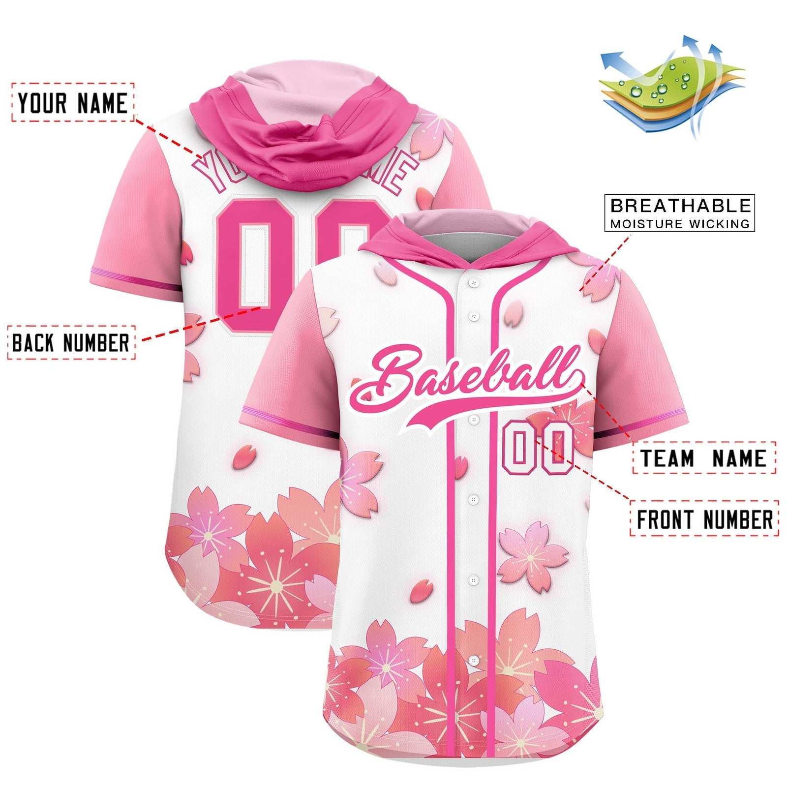 Custom Hooded Baseball Jersey | White Pink Cherry Blossom Personalized Name & Number Sport Jersey