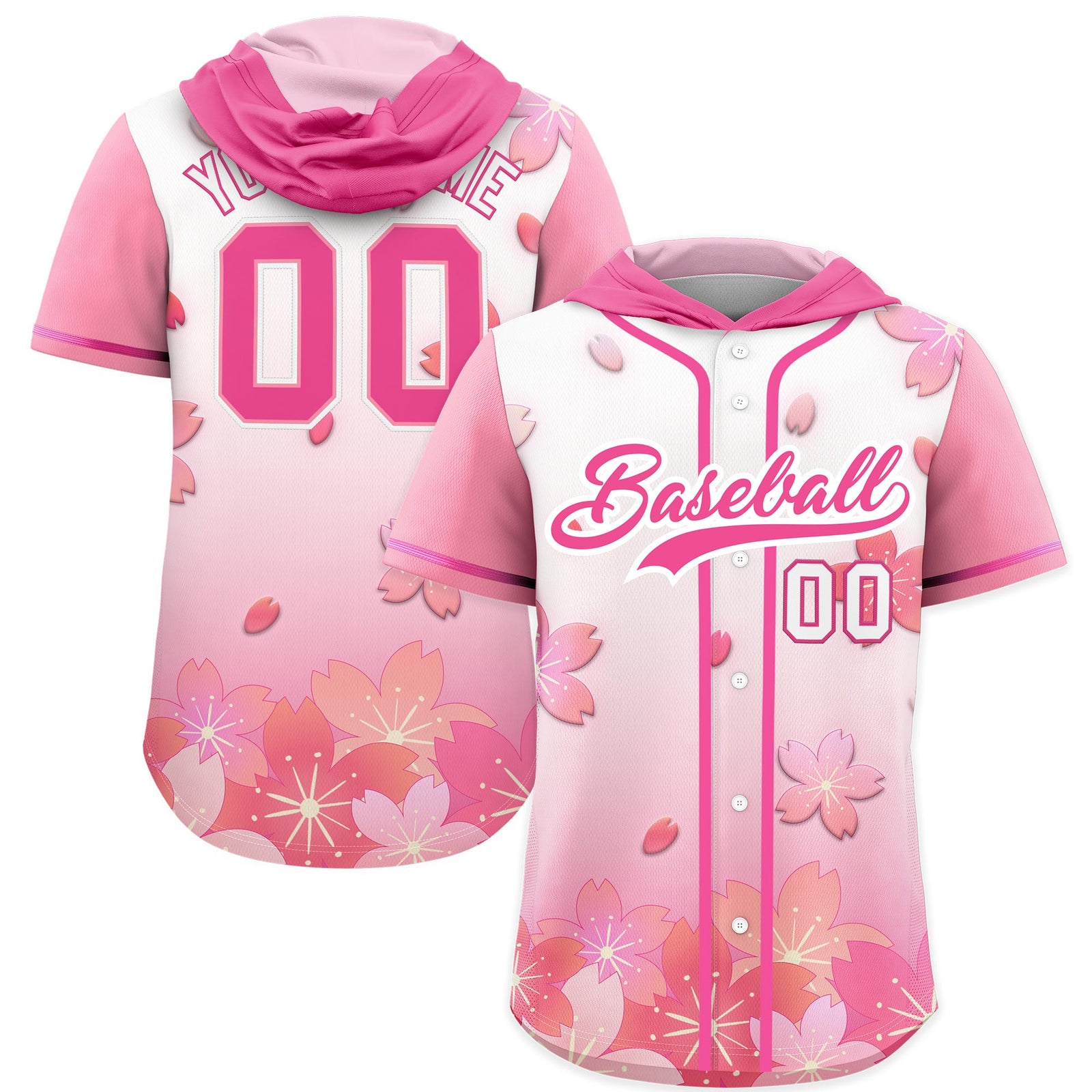 Custom Hooded Baseball Jersey | Pink White Cherry Blossom Breathable Athleisure Streetwear