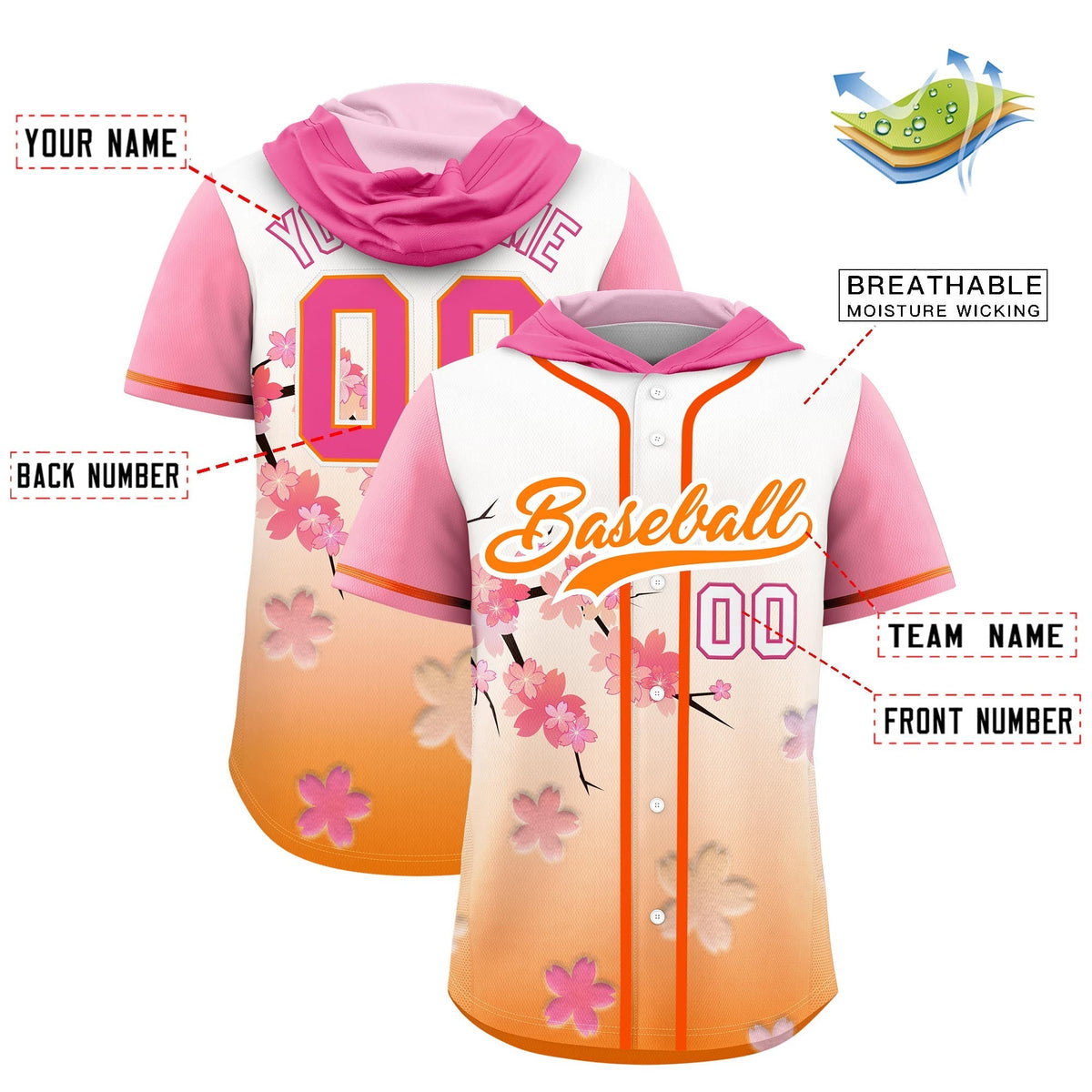 Custom Hooded Baseball Jersey | Pink Orange Cherry Blossom Personalized Name & Number Sport Jersey