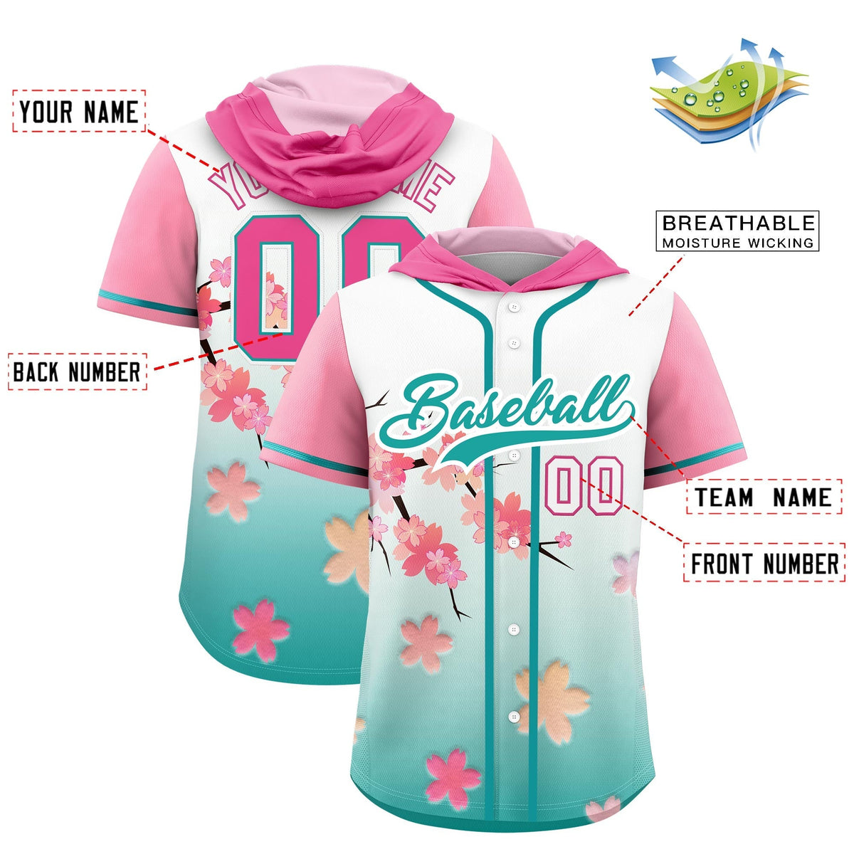 Custom Hooded Baseball Jersey | Pink Aqua Cherry Blossom Personalized Name & Number Sport Jersey