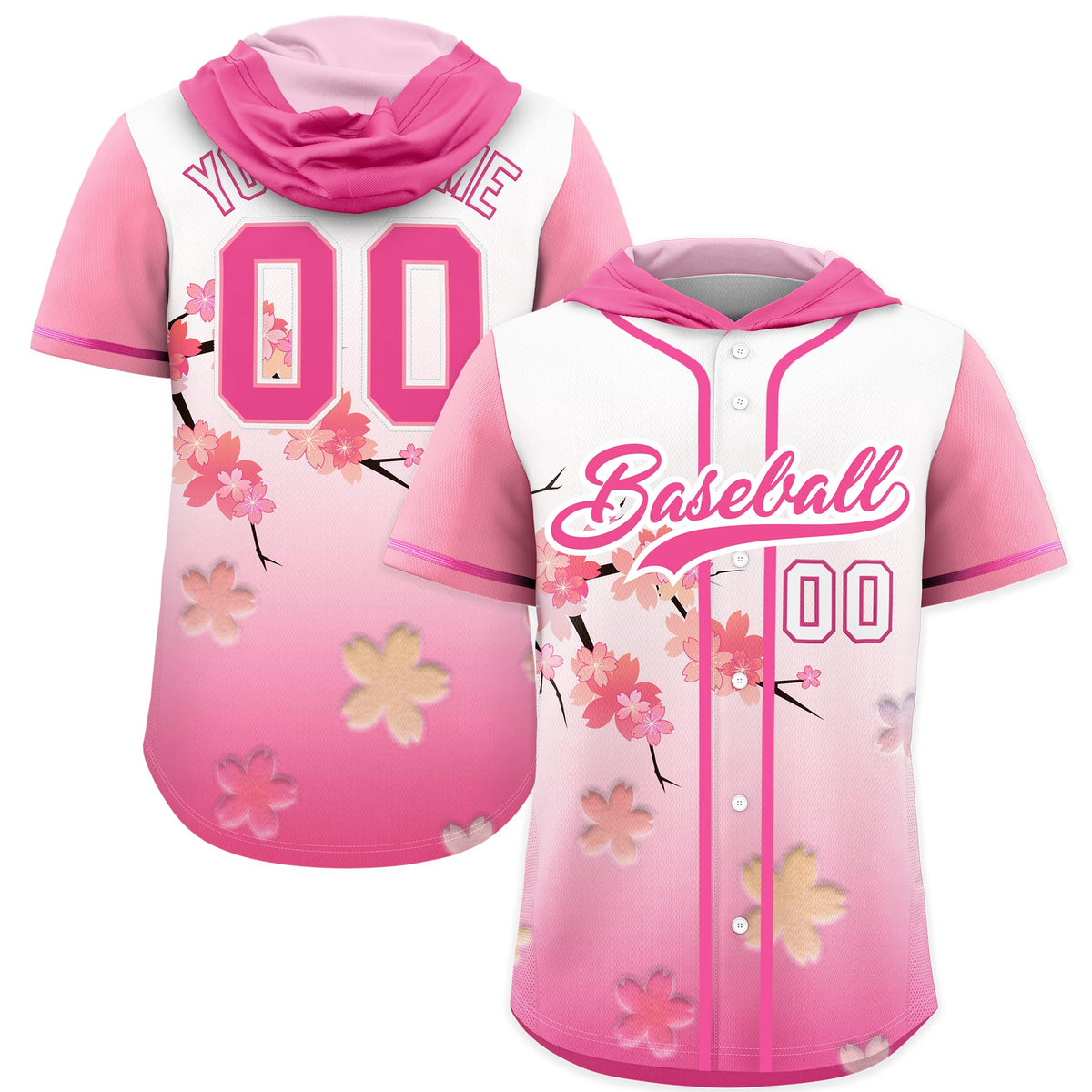 Custom Hooded Baseball Jersey | Pink White Cherry Blossom Personalized Name & Number Sport Jersey