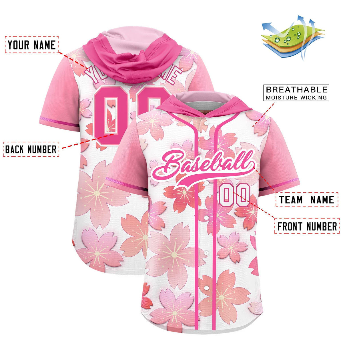 Custom Hooded Baseball Jersey | Pink White Cherry Blossom Moisture-Wicking Jersey for Men & Women