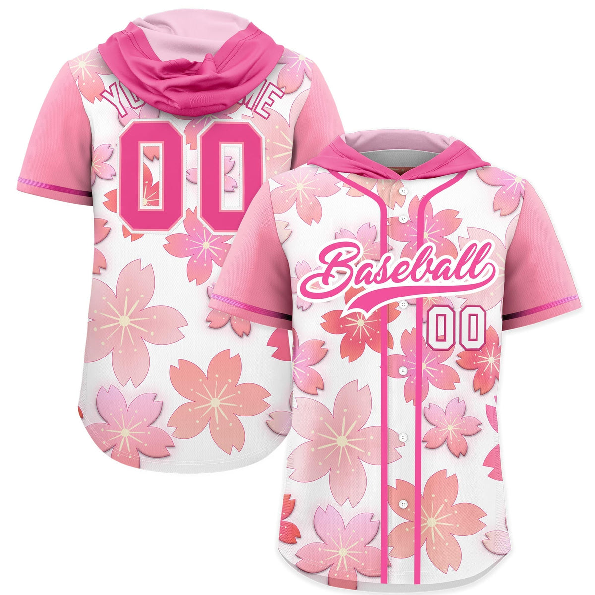 Custom Hooded Baseball Jersey | Pink White Cherry Blossom Moisture-Wicking Jersey for Men & Women