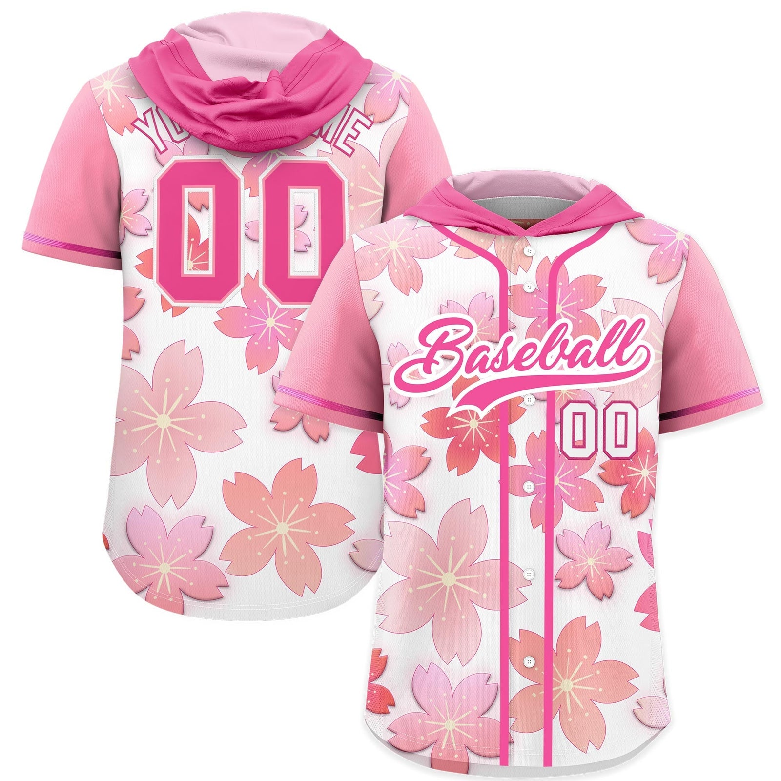 Custom Hooded Baseball Jersey | Pink White Cherry Blossom Moisture-Wicking Jersey for Men & Women