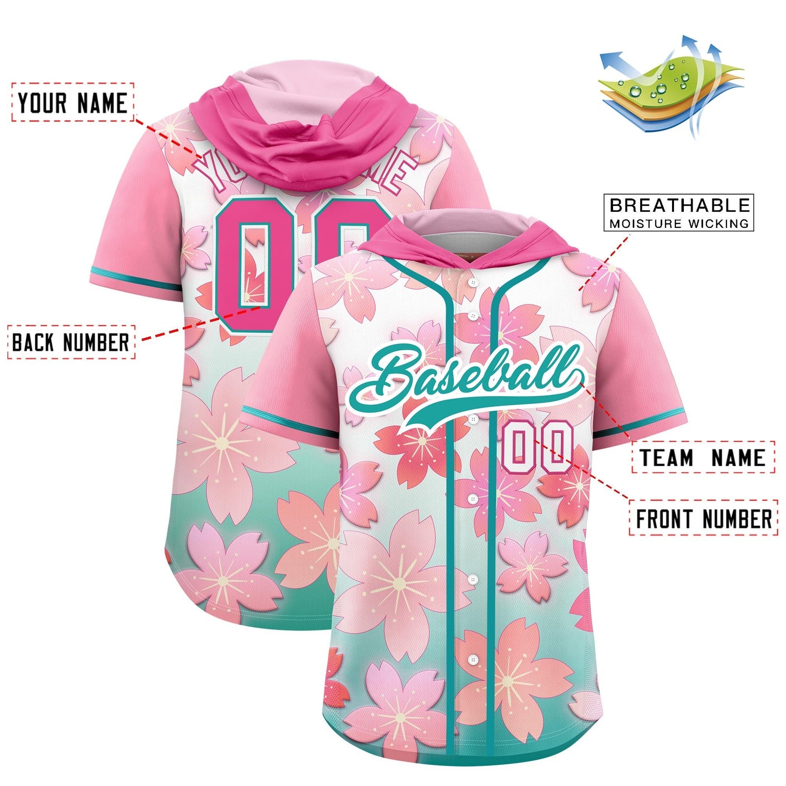 Custom Hooded Baseball Jersey | Pink Aqua Cherry Blossom Moisture-Wicking Jersey for Men & Women